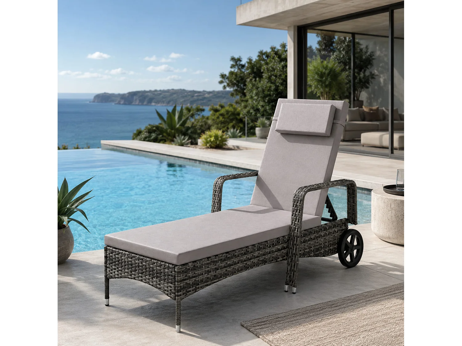 Lettino Da Giardino Reclinabile In Polyrattan Con Schienale Regolabile Sei Posizioni Poggiatesta Ergonomico E Ruote Per Relax Outdoor 196 x 72 x 94.5 Cm Grigio