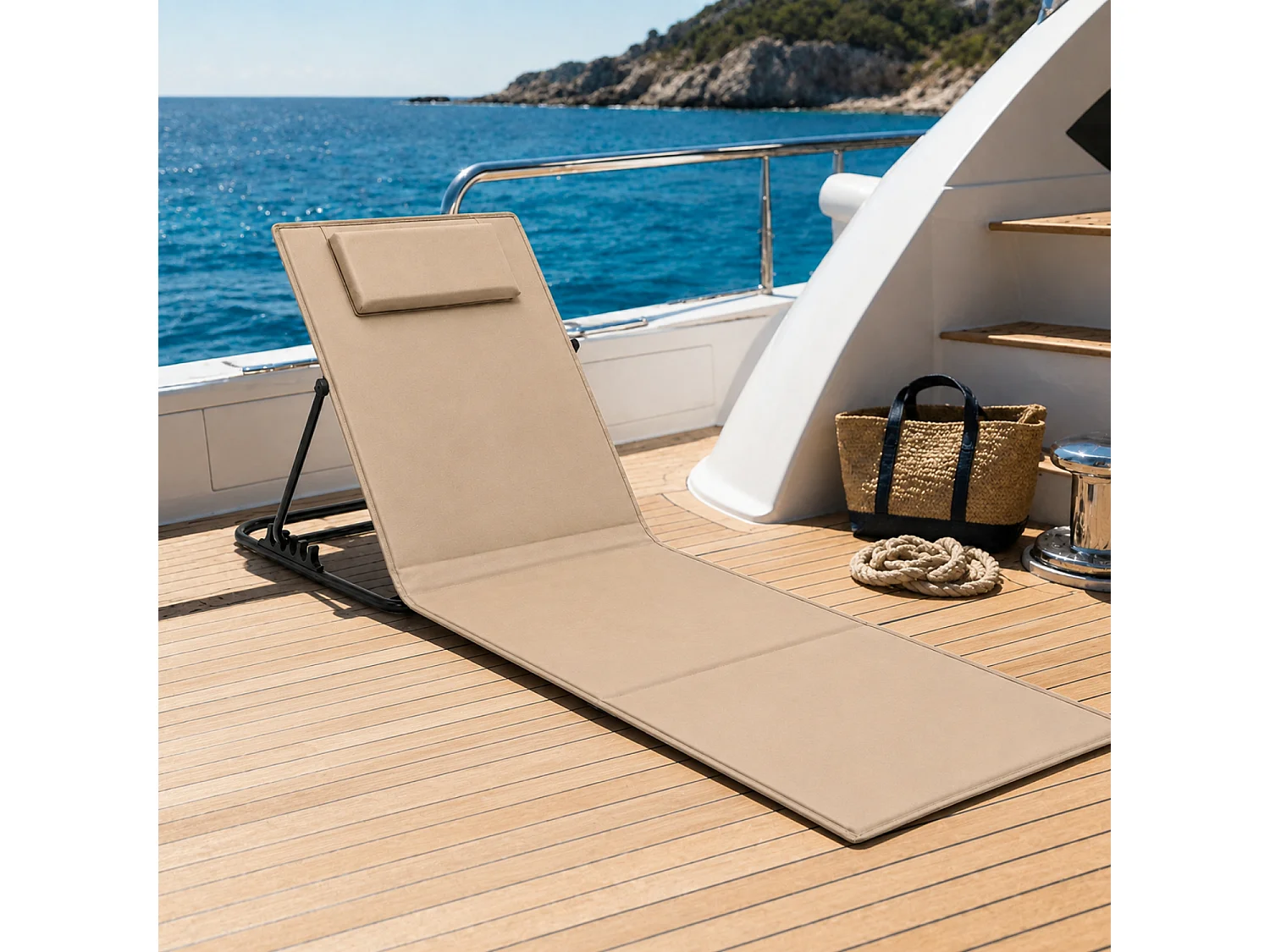 Set 2 Lettini Prendisole Con Schienale Reclinabile 4 Posizioni Tasca Portaoggetti Cuscino Poggiatesta Per Giardino Piscina Campeggio 158 x 55 x 52 Cm Beige
