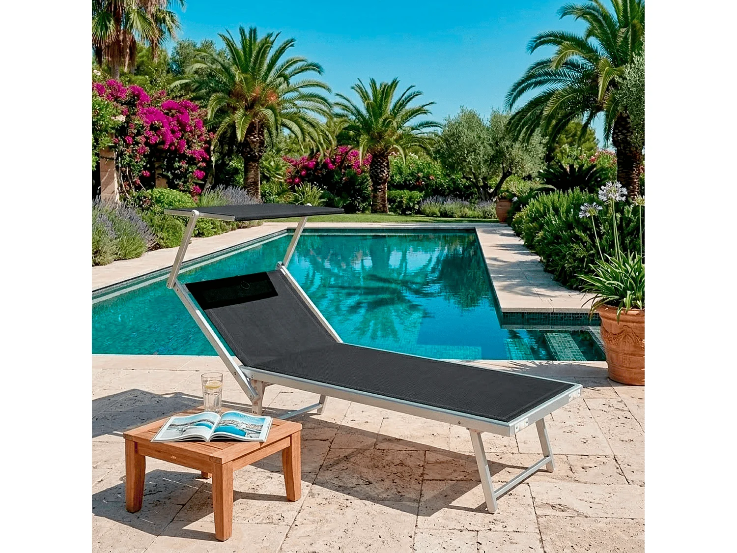 Lettino Prendisole Pieghevole Professionale Alluminio Textilene Tettuccio Orientabile Parasole Mare Spiaggia Piscina Giardino 182 x 60 x 38 Cm Nero