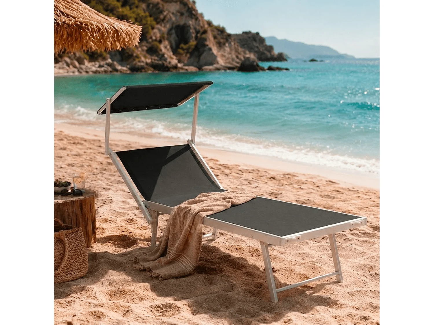 Lettino Prendisole Pieghevole Professionale Alluminio Textilene Tettuccio Orientabile Parasole Mare Spiaggia Piscina Giardino 182 x 60 x 38 Cm Nero