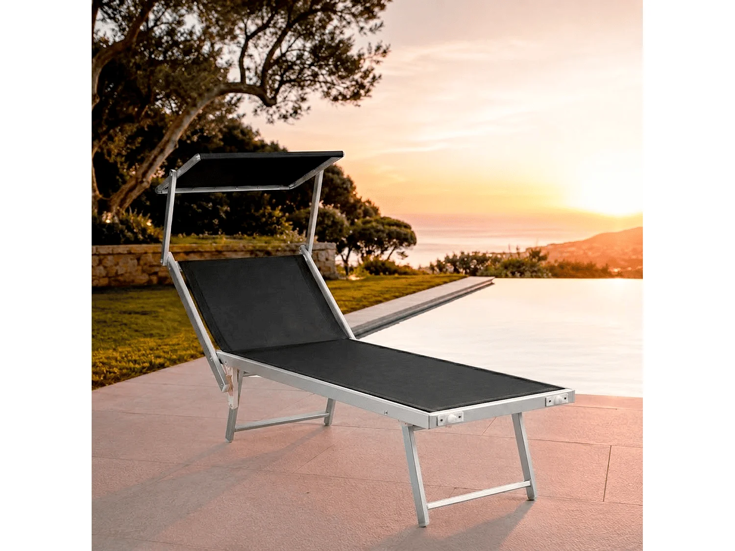 Lettino Prendisole Pieghevole Professionale Alluminio Textilene Tettuccio Orientabile Parasole Mare Spiaggia Piscina Giardino 182 x 60 x 38 Cm Nero