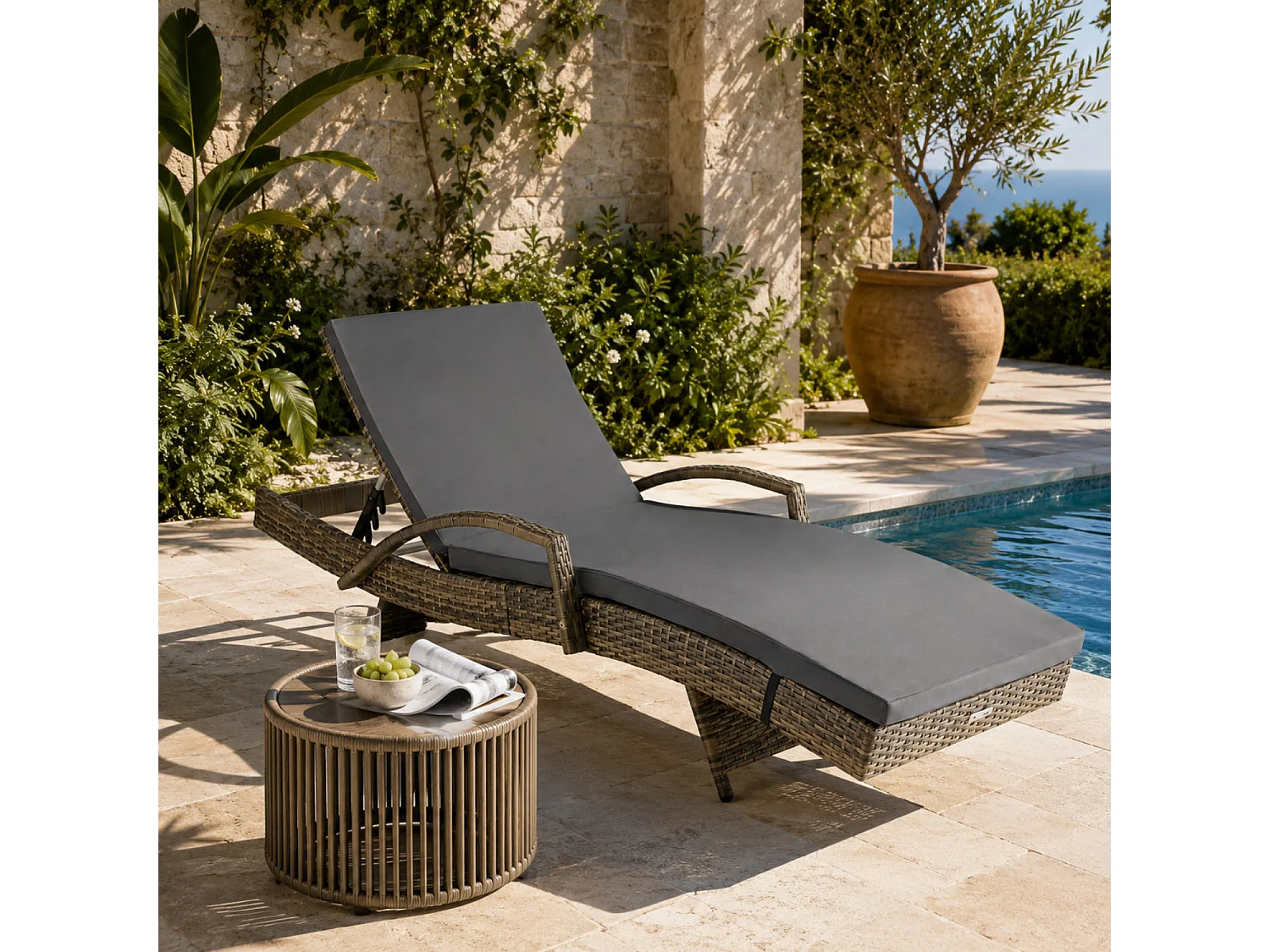 Lettino Relax Da Esterno In Polyrattan Con Braccioli Schienale Reclinabile E Materassino Imbottito Per Giardino Piscina E Terrazza 190 x 62 x 34 Cm Marrone Chiaro