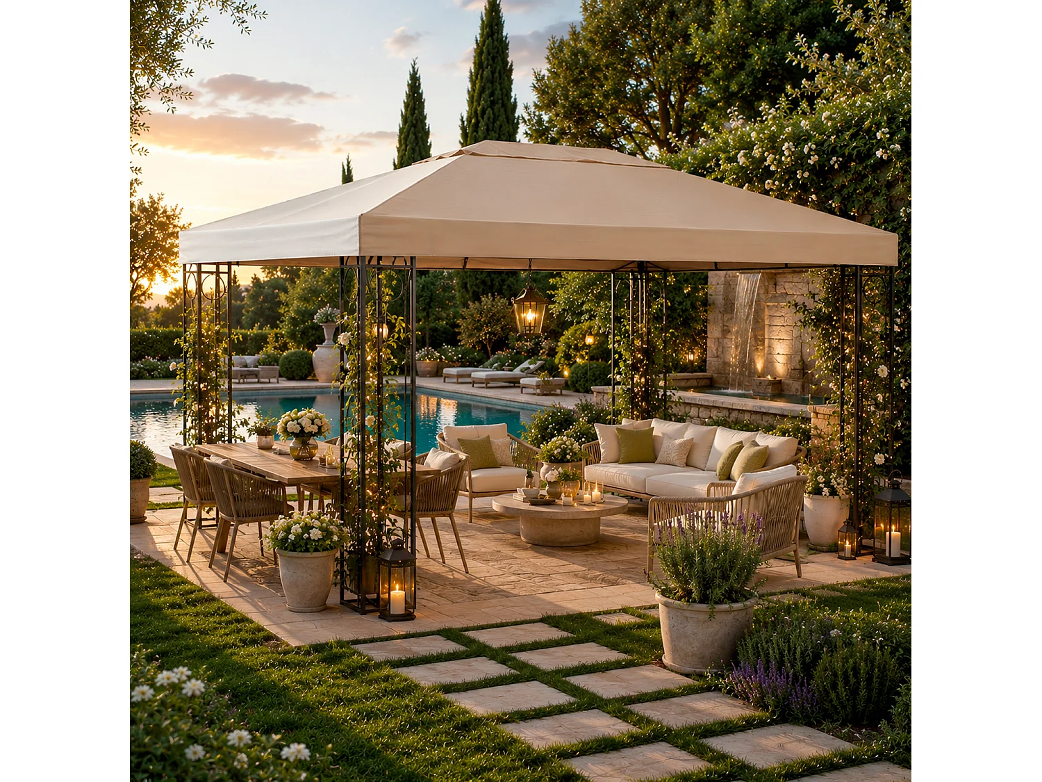 Telo Per Giardino Terrazza Veranda Ricambio Gazebo 3x4 Metri Impermeabile In Poliestere PVC Con Protezione UV Velcro Rinforzato Outdoor 300 X 400 Cm Beige