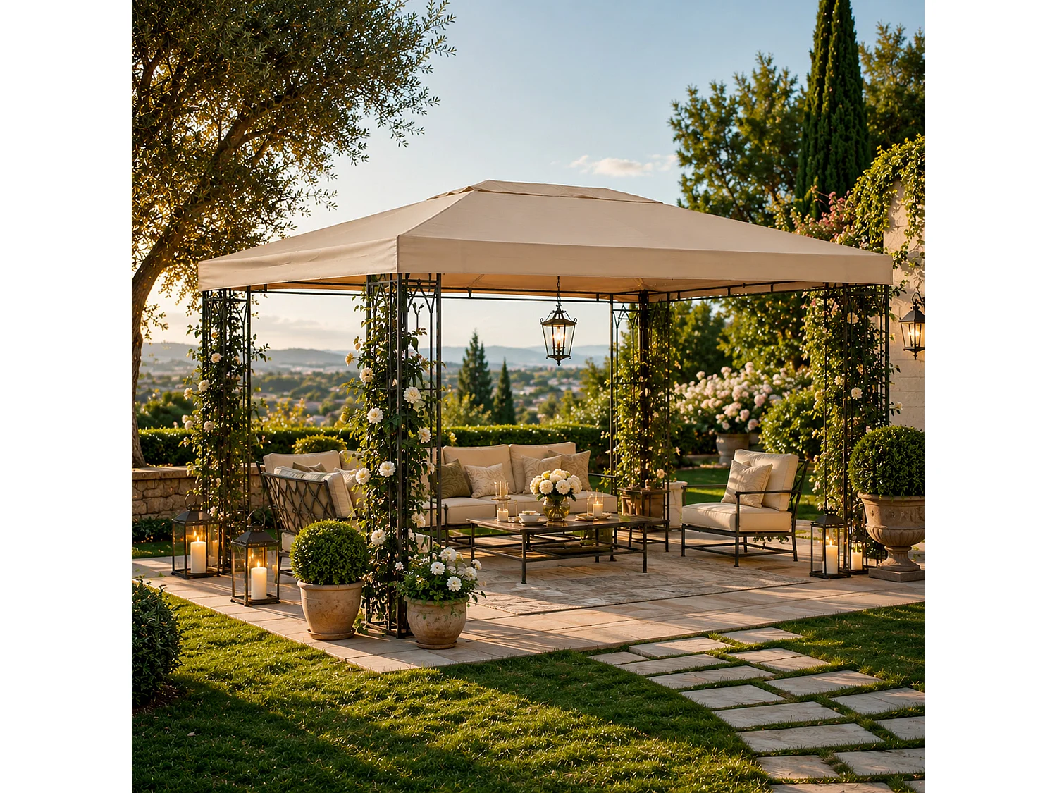 Telo Per Giardino Terrazza Veranda Ricambio Gazebo 3x4 Metri Impermeabile In Poliestere PVC Con Protezione UV Velcro Rinforzato Outdoor 300 X 400 Cm Beige