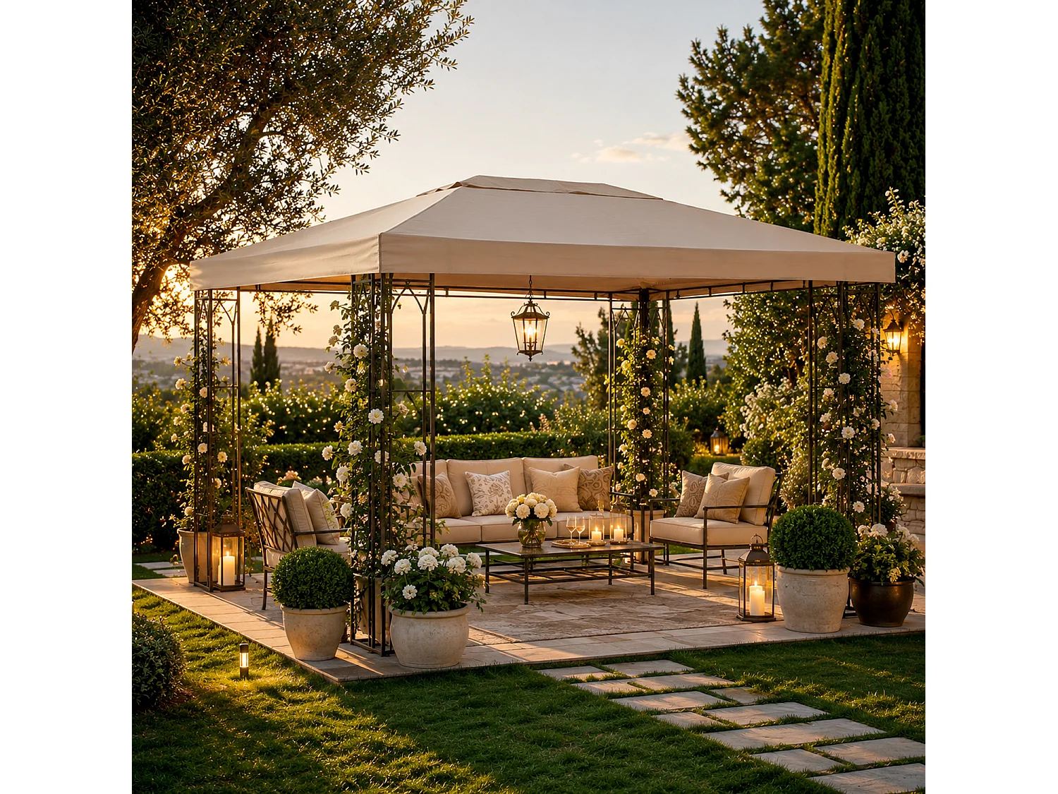 Telo Per Giardino Terrazza Veranda Ricambio Gazebo 3x4 Metri Impermeabile In Poliestere PVC Con Protezione UV Velcro Rinforzato Outdoor 300 X 400 Cm Beige