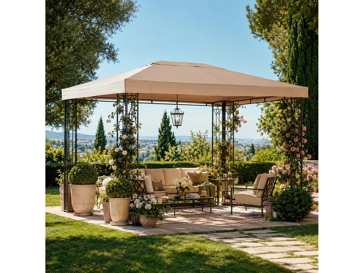 Telo Per Giardino Terrazza Veranda Ricambio Gazebo 3x4 Metri Impermeabile In Poliestere PVC Con Protezione UV Velcro Rinforzato Outdoor 300 X 400 Cm Beige