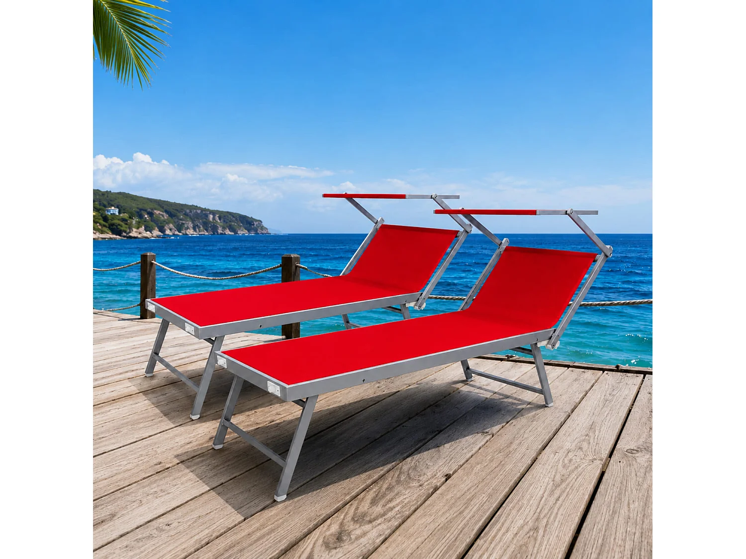 Set Da 2 Lettini Prendisole Pieghevole Professionale In Alluminio Tettuccio Orientabile Tettino Parasole Per Mare Spiaggia Piscina Giardino 182 X 60 X 38 Cm Rosso