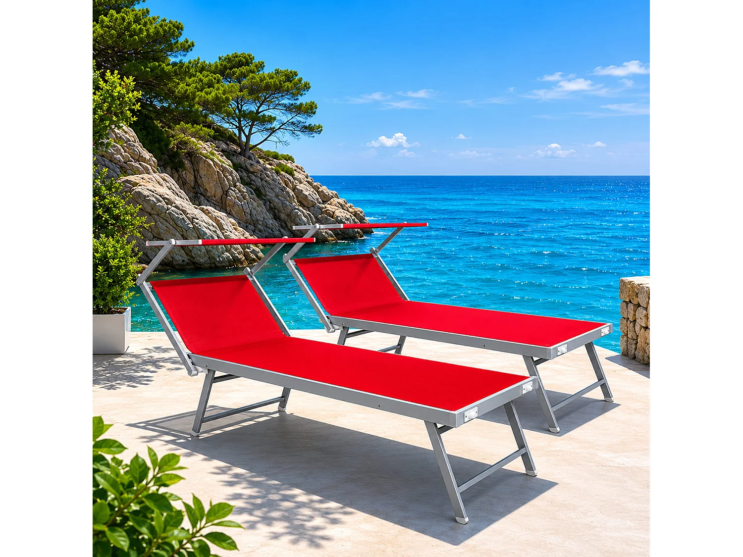 Set Da 2 Lettini Prendisole Pieghevole Professionale In Alluminio Tettuccio Orientabile Tettino Parasole Per Mare Spiaggia Piscina Giardino 182 X 60 X 38 Cm Rosso