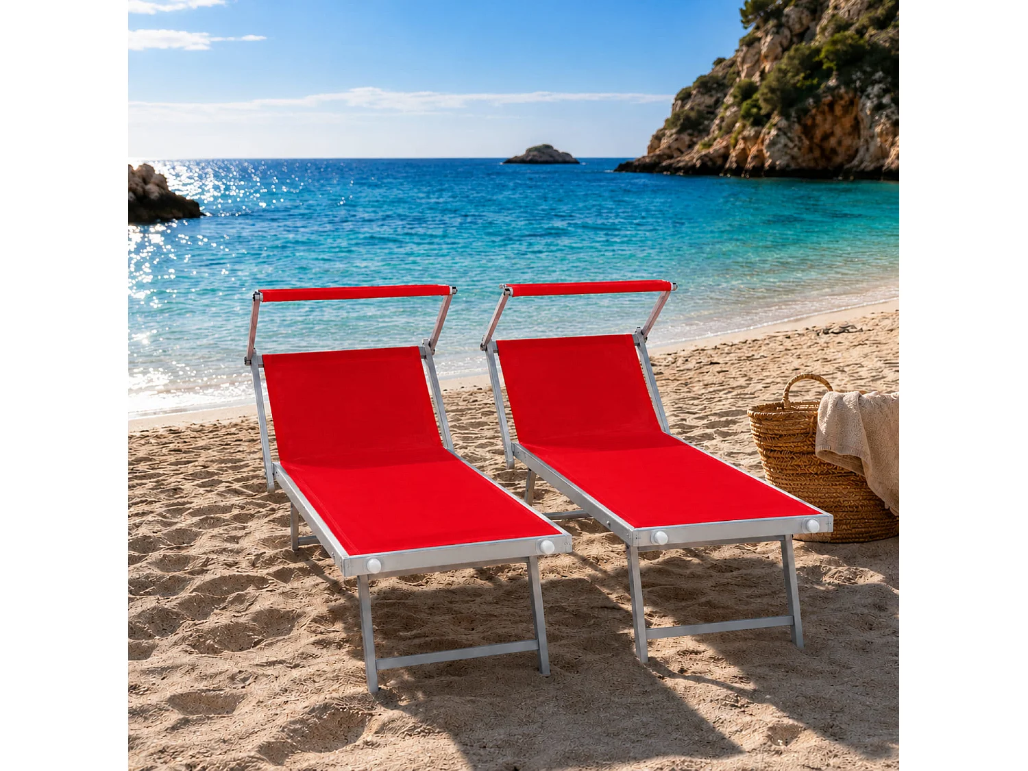 Set Da 2 Lettini Prendisole Pieghevole Professionale In Alluminio Tettuccio Orientabile Tettino Parasole Per Mare Spiaggia Piscina Giardino 182 X 60 X 38 Cm Rosso
