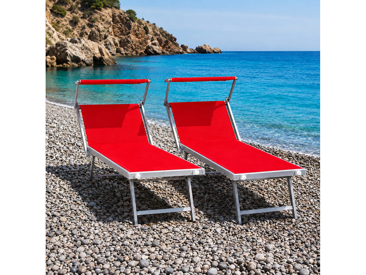 Set Da 2 Lettini Prendisole Pieghevole Professionale In Alluminio Tettuccio Orientabile Tettino Parasole Per Mare Spiaggia Piscina Giardino 182 X 60 X 38 Cm Rosso