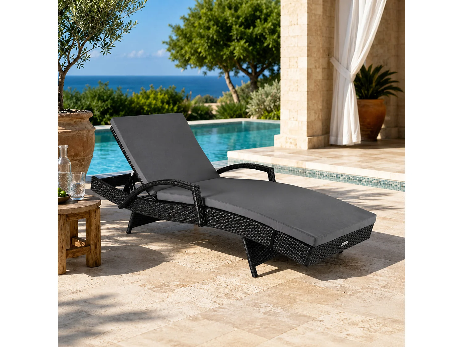 Lettino Outdoor Con Schienale Multiposizione E Cuscino Imbottito Ideale Per Abbronzatura Benessere E Tempo Libero 190 x 62 x 34 Cm Nero