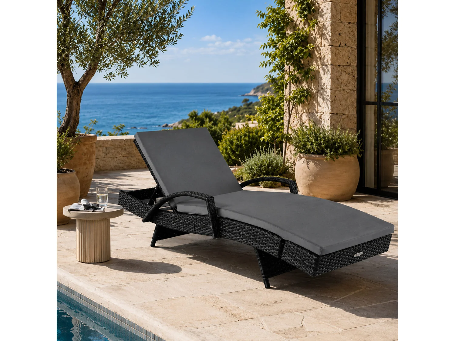 Lettino Outdoor Con Schienale Multiposizione E Cuscino Imbottito Ideale Per Abbronzatura Benessere E Tempo Libero 190 x 62 x 34 Cm Nero