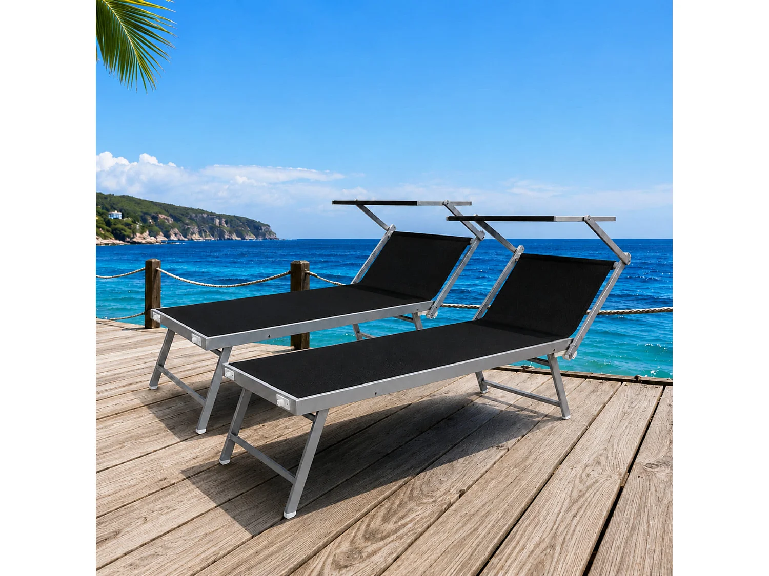 Set Di 2 Lettini Prendisole Pieghevole Professionale In Alluminio Tettuccio Orientabile Tettino Parasole Sdraio Mare Spiaggia Piscina 182 X 60 X 38 Cm Nero