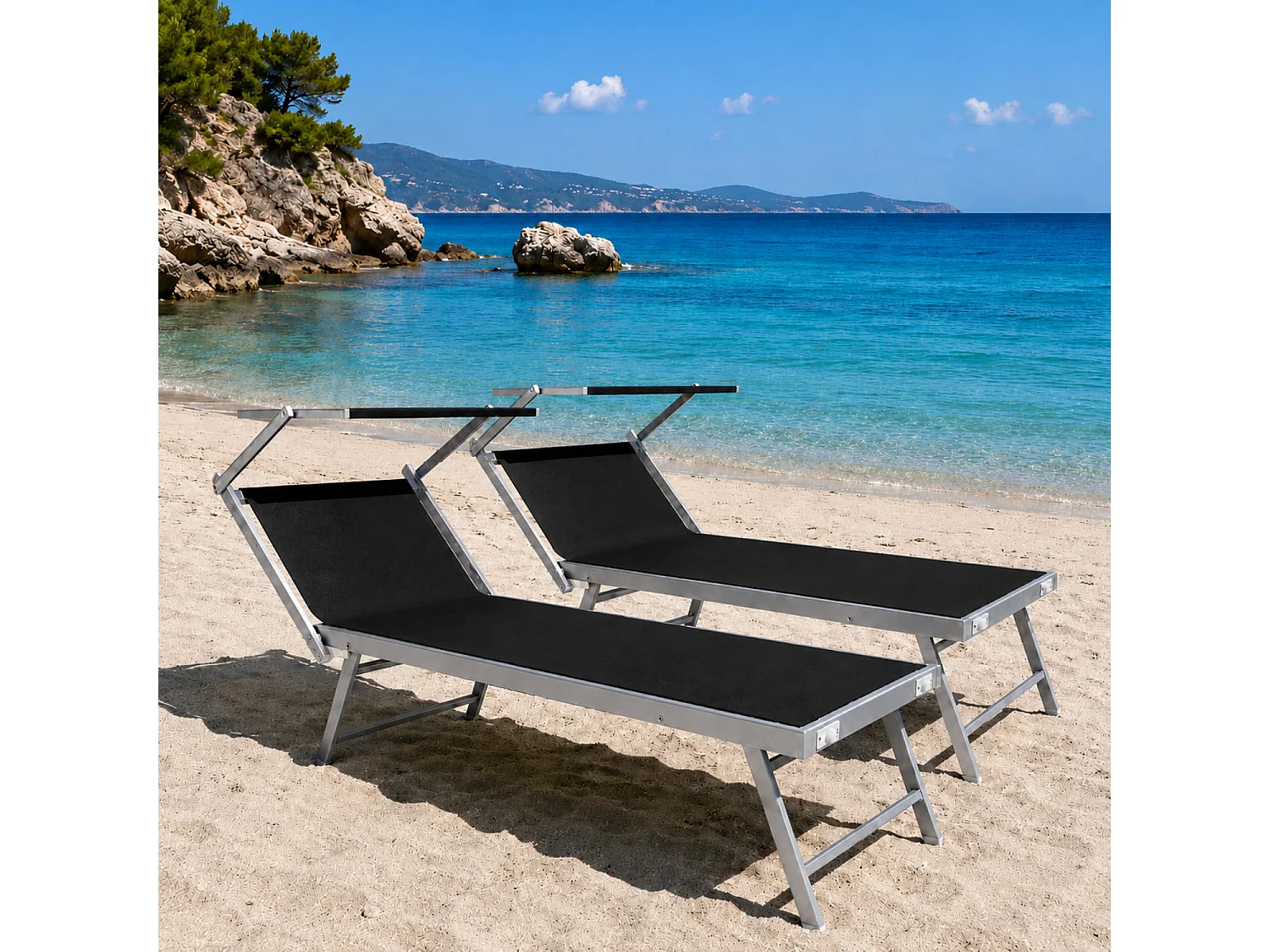 Set Di 2 Lettini Prendisole Pieghevole Professionale In Alluminio Tettuccio Orientabile Tettino Parasole Sdraio Mare Spiaggia Piscina 182 X 60 X 38 Cm Nero