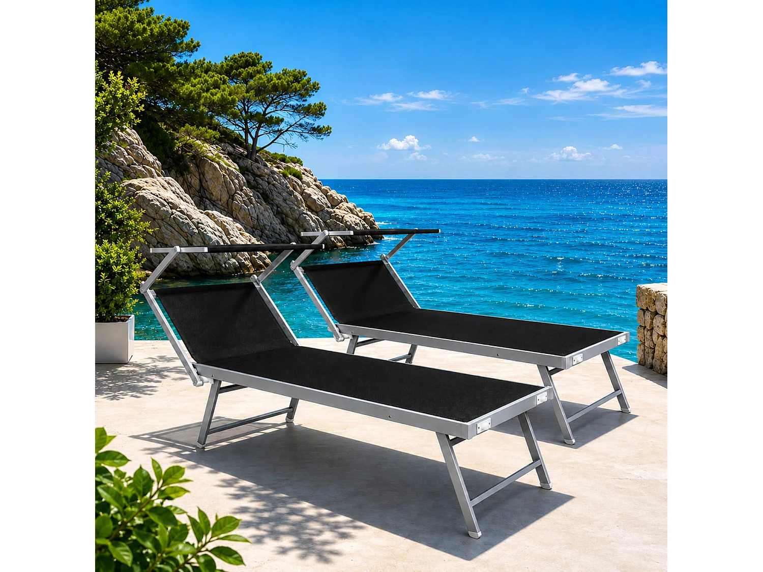 Set Di 2 Lettini Prendisole Pieghevole Professionale In Alluminio Tettuccio Orientabile Tettino Parasole Sdraio Mare Spiaggia Piscina 182 X 60 X 38 Cm Nero