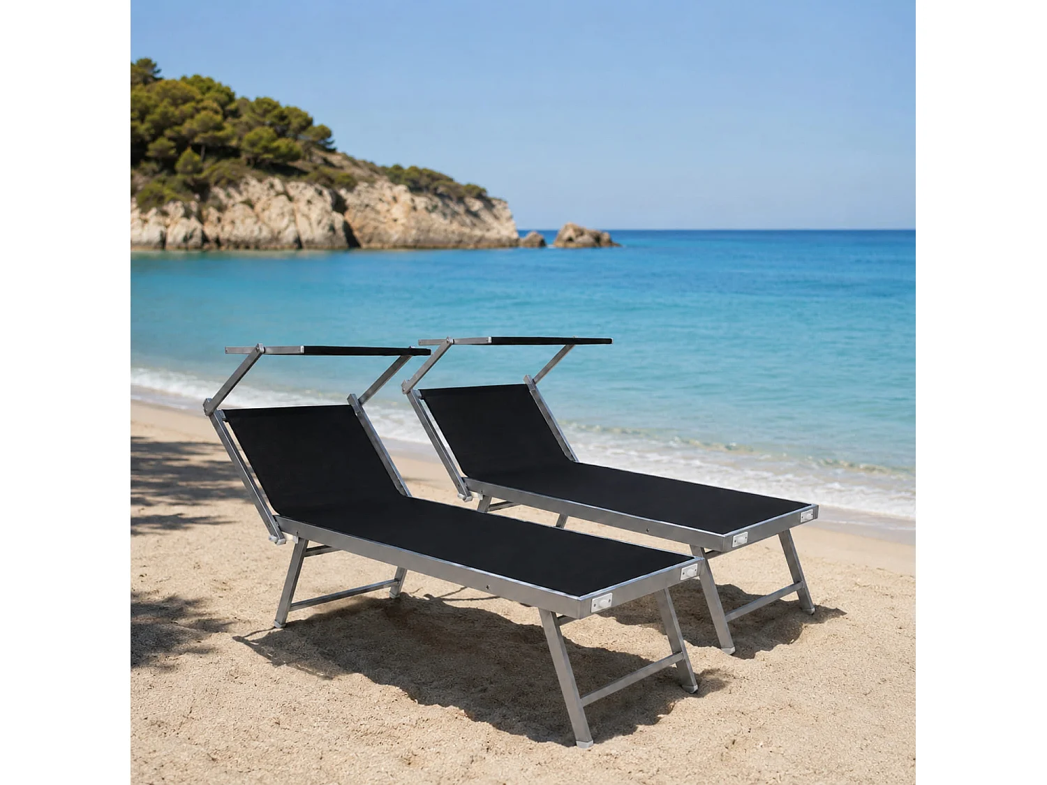 Set Di 2 Lettini Prendisole Pieghevole Professionale In Alluminio Tettuccio Orientabile Tettino Parasole Sdraio Mare Spiaggia Piscina 182 X 60 X 38 Cm Nero