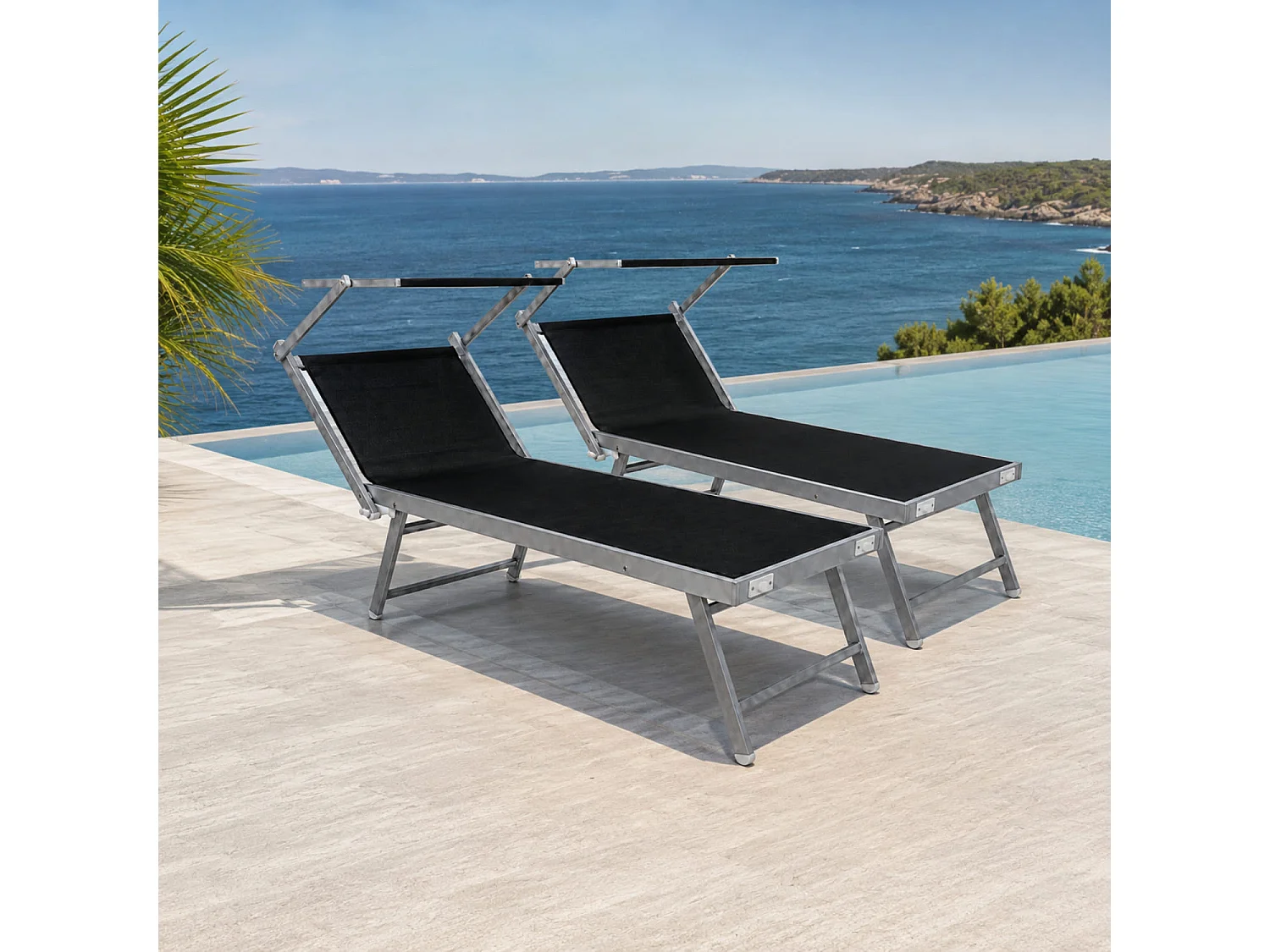 Set Di 2 Lettini Prendisole Pieghevole Professionale In Alluminio Tettuccio Orientabile Tettino Parasole Sdraio Mare Spiaggia Piscina 182 X 60 X 38 Cm Nero