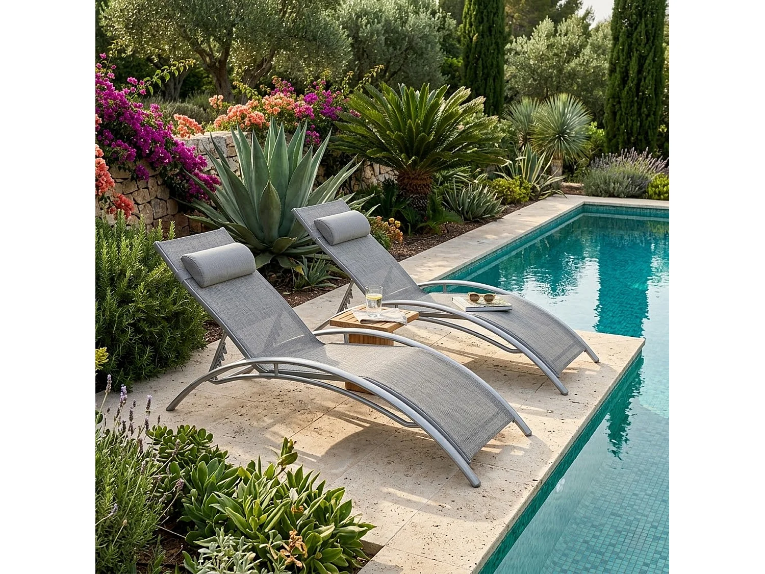 Set 2 Lettini Prendisole Moderni Da Giardino Con Schienale Reclinabile 5 Posizioni In Textilene Traspirante Per Relax Outdoor 59 x 158 x 81.5 Cm Grigio