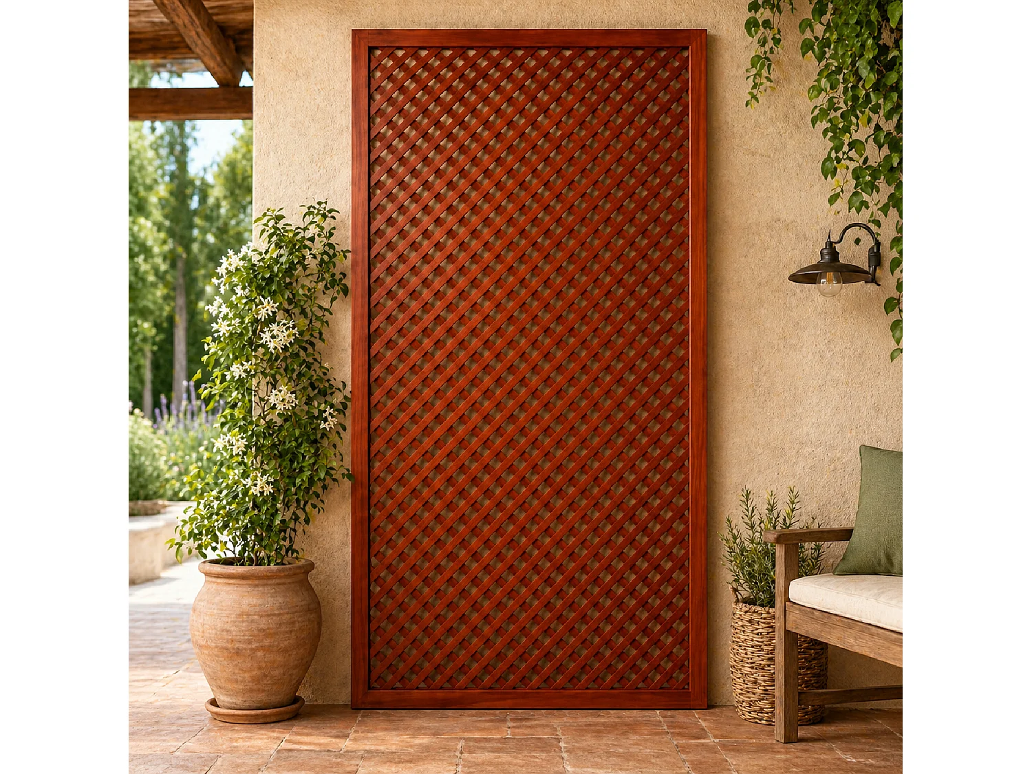 Pannello Grigliato Divisorio Legno Pino Per Giardino Terrazza Balcone Supporto Piante Rampicanti Privacy Outdoor Design Moderno 90 x 183 Cm Legno Scuro