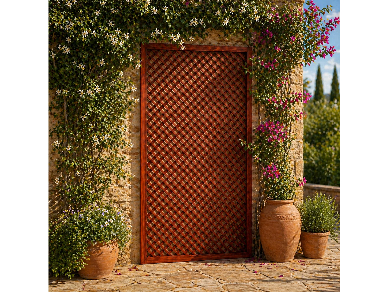Pannello Grigliato Divisorio Legno Pino Per Giardino Terrazza Balcone Supporto Piante Rampicanti Privacy Outdoor Design Moderno 90 x 183 Cm Legno Scuro