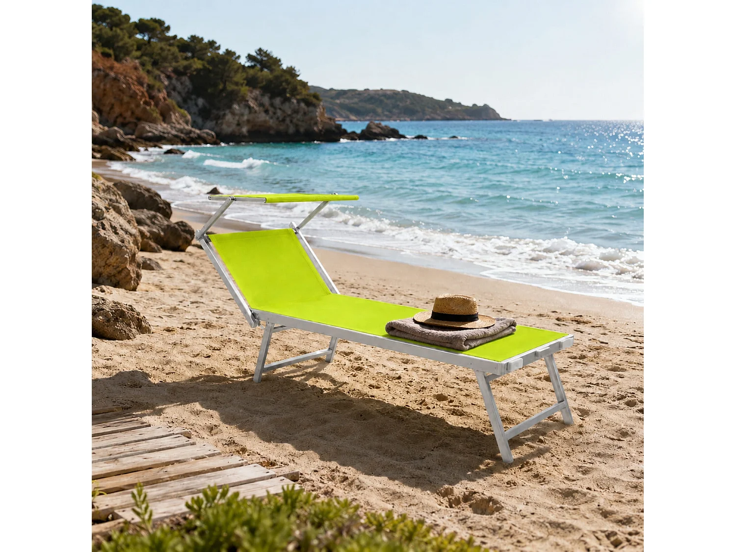 Lettino Prendisole Pieghevole Professionale In Alluminio E Tessuto Textilene Con Tettuccio Per Mare Spiaggia Piscina Sdraio Prendi Sole 182 X 60 X 38 Cm Verde Fluo