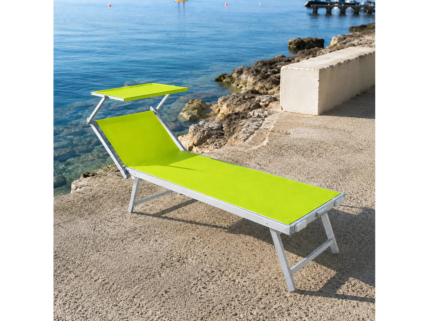Lettino Prendisole Pieghevole Professionale In Alluminio E Tessuto Textilene Con Tettuccio Per Mare Spiaggia Piscina Sdraio Prendi Sole 182 X 60 X 38 Cm Verde Fluo