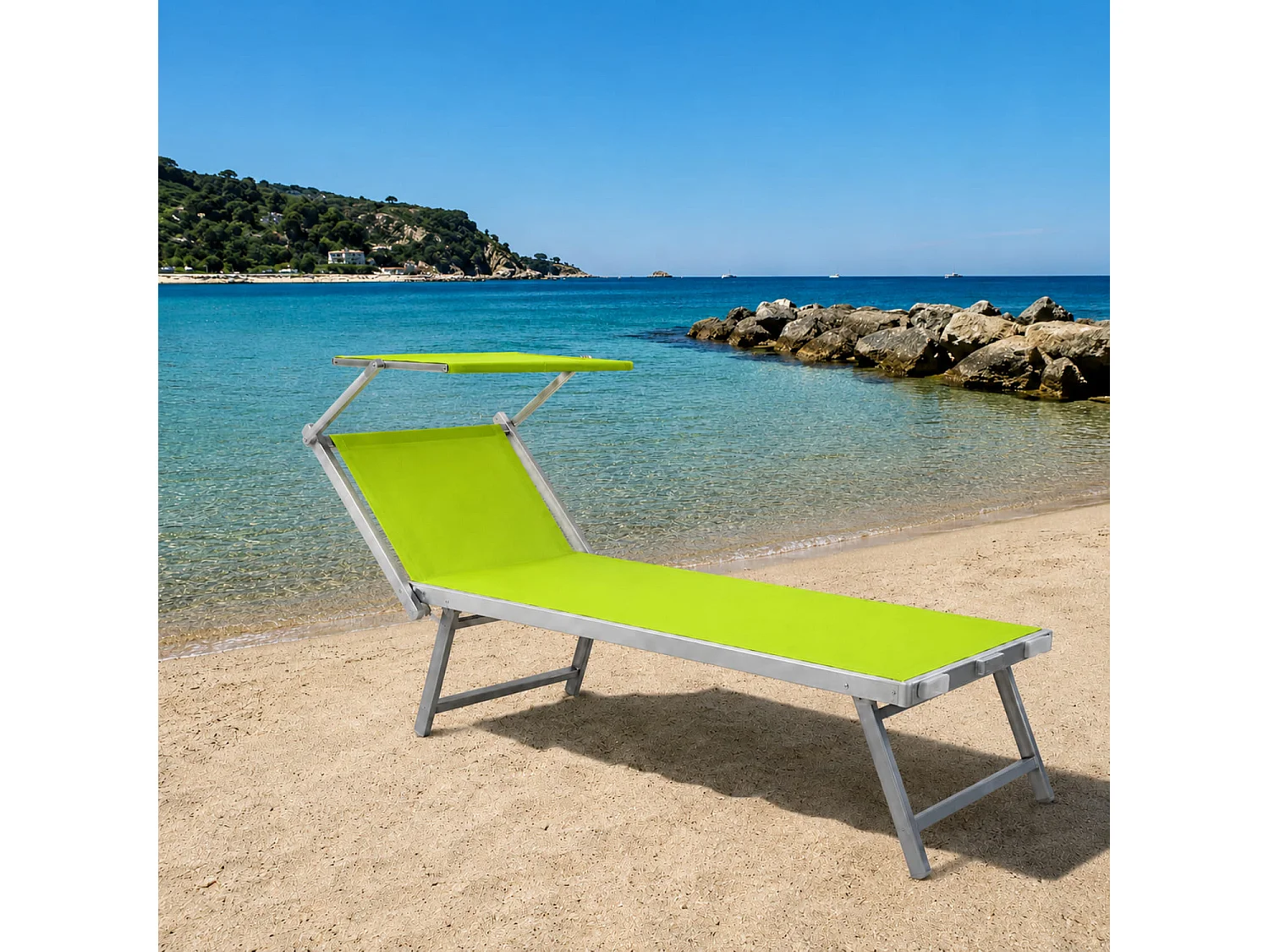 Lettino Prendisole Pieghevole Professionale In Alluminio E Tessuto Textilene Con Tettuccio Per Mare Spiaggia Piscina Sdraio Prendi Sole 182 X 60 X 38 Cm Verde Fluo