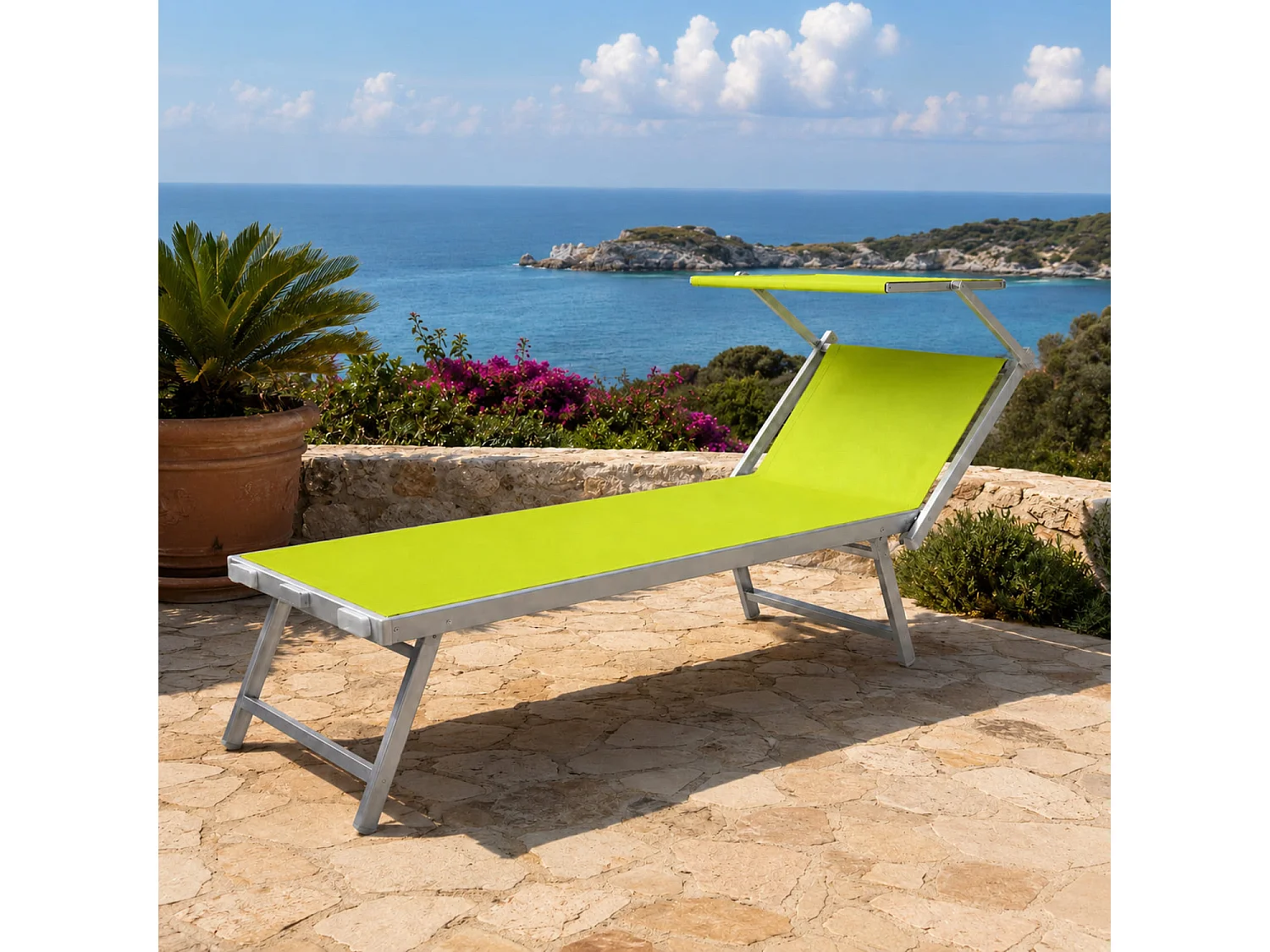 Lettino Prendisole Pieghevole Professionale In Alluminio E Tessuto Textilene Con Tettuccio Per Mare Spiaggia Piscina Sdraio Prendi Sole 182 X 60 X 38 Cm Verde Fluo