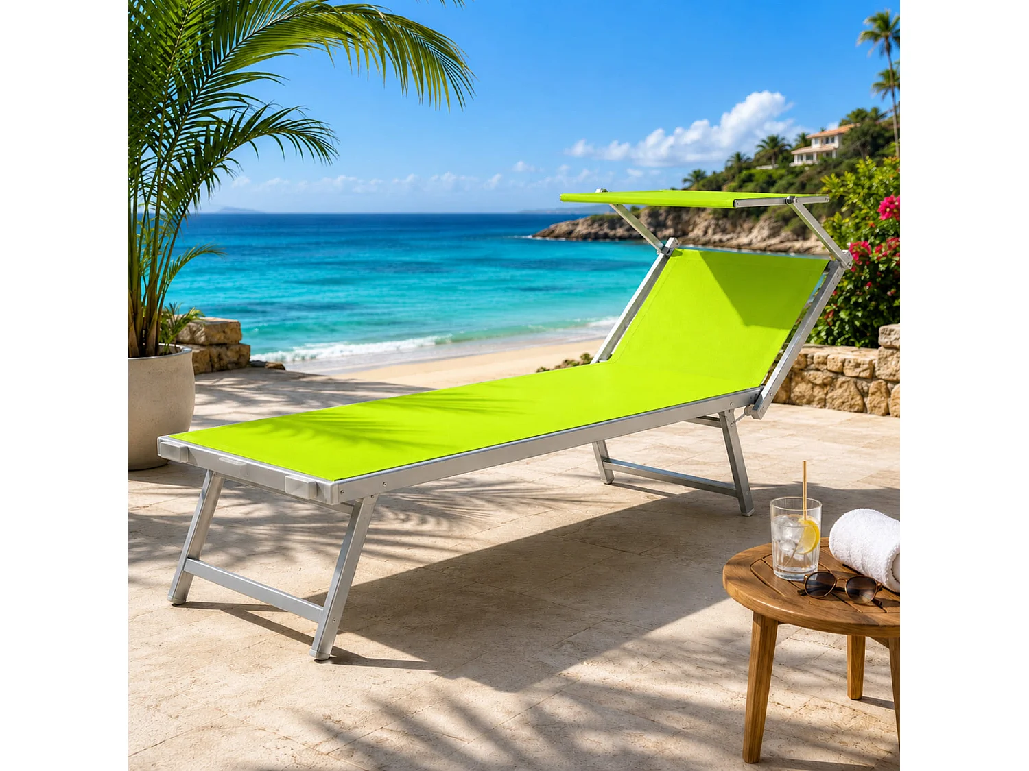 Lettino Prendisole Pieghevole Professionale In Alluminio E Tessuto Textilene Con Tettuccio Per Mare Spiaggia Piscina Sdraio Prendi Sole 182 X 60 X 38 Cm Verde Fluo