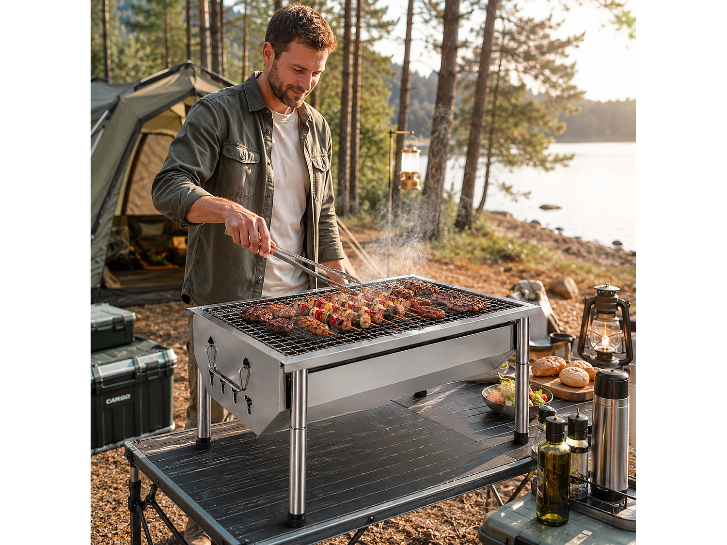 Barbecue A Carbone Portatile In Acciaio Inox Con Griglia Smontabile Gambe Pieghevoli Design Compatto Campeggio Picnic Giardino Outdoor 40 X 28 X 21.5 Cm Acciaio
