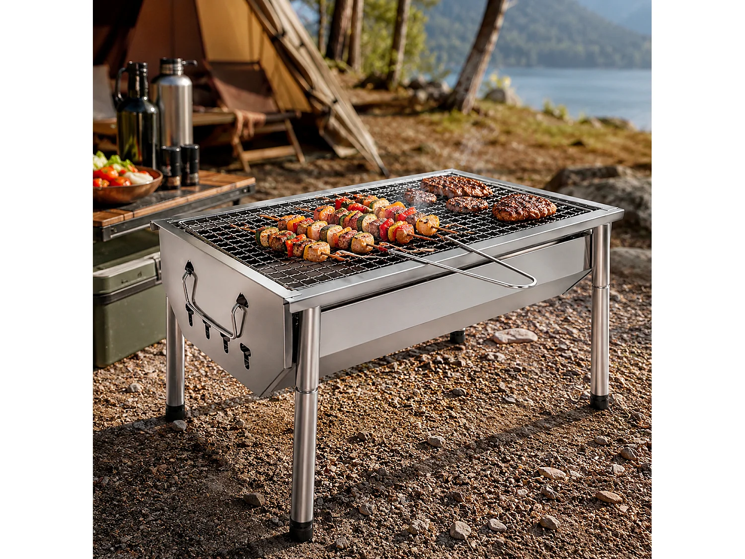 Barbecue A Carbone Portatile In Acciaio Inox Con Griglia Smontabile Gambe Pieghevoli Design Compatto Campeggio Picnic Giardino Outdoor 40 X 28 X 21.5 Cm Acciaio