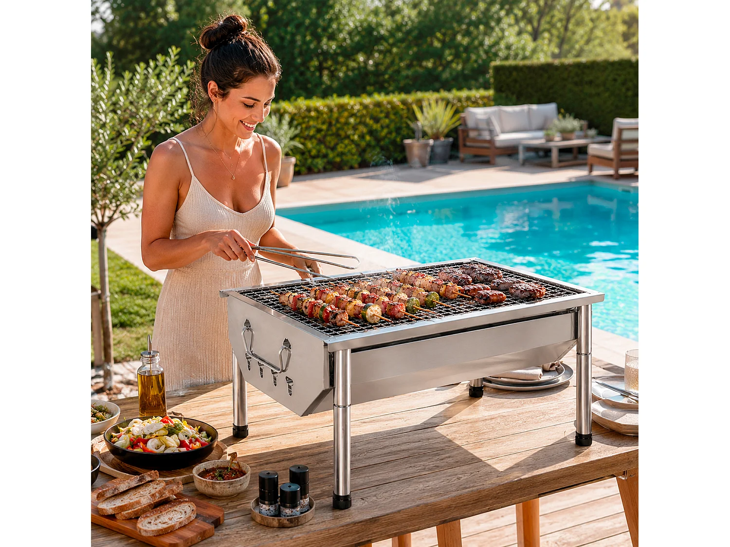 Barbecue A Carbone Portatile In Acciaio Inox Con Griglia Smontabile Gambe Pieghevoli Design Compatto Campeggio Picnic Giardino Outdoor 40 X 28 X 21.5 Cm Acciaio