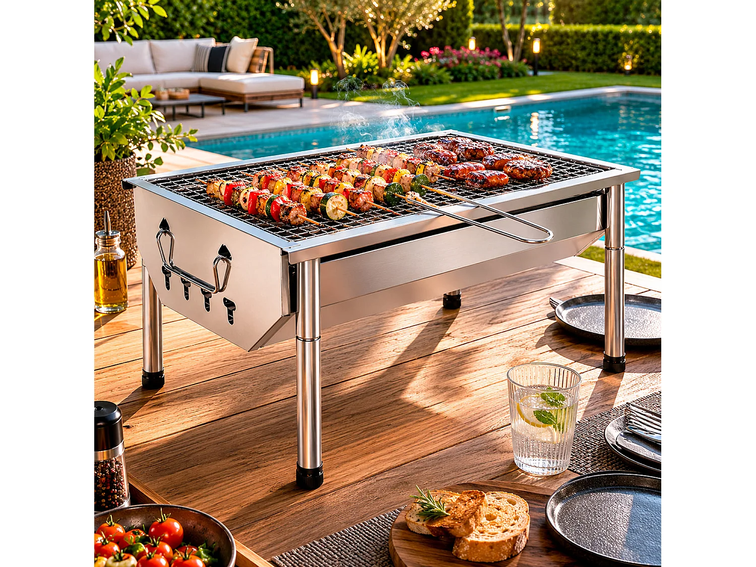 Barbecue A Carbone Portatile In Acciaio Inox Con Griglia Smontabile Gambe Pieghevoli Design Compatto Campeggio Picnic Giardino Outdoor 40 X 28 X 21.5 Cm Acciaio