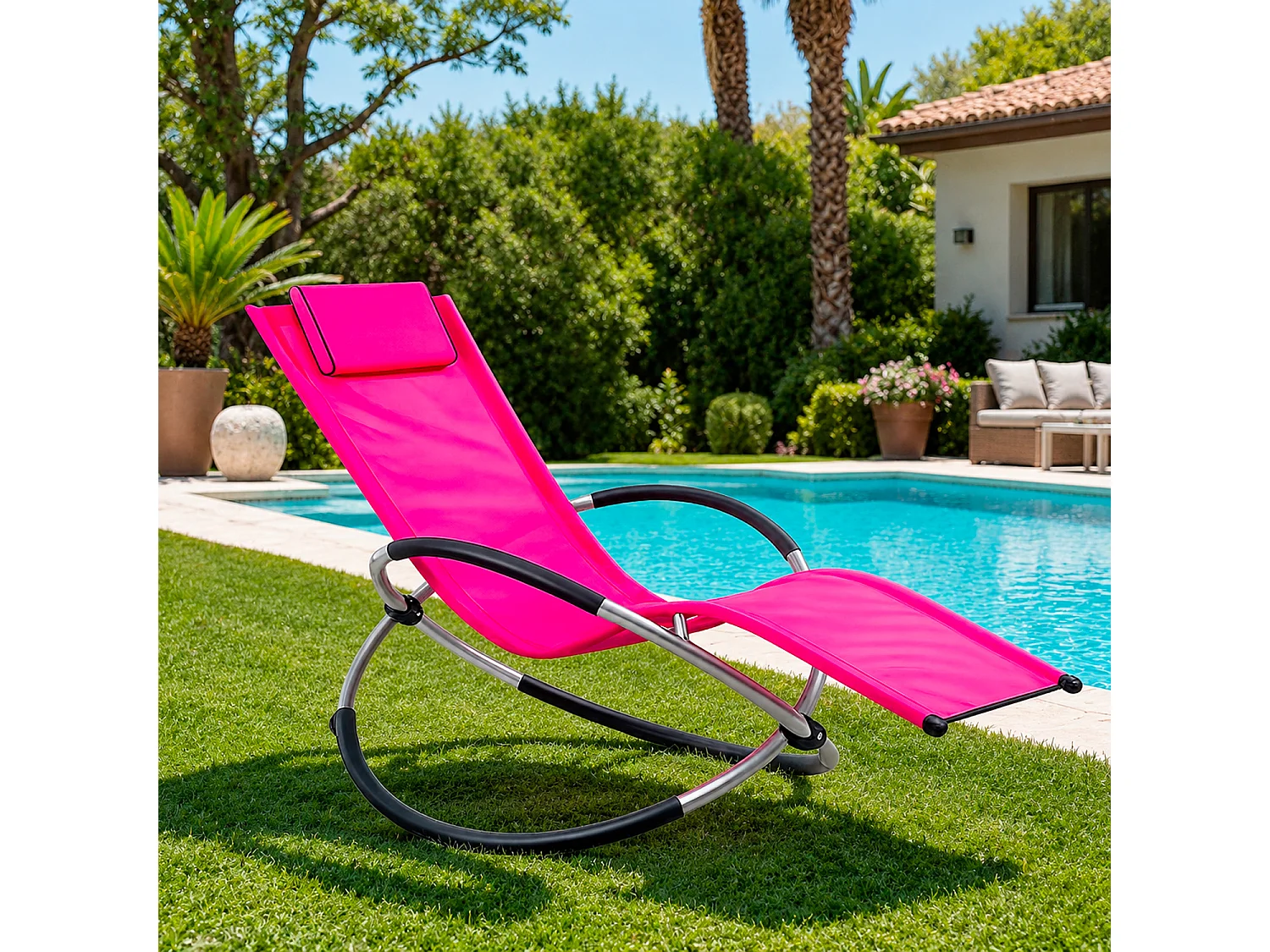 Sedia Basculante Da Giardino Sdraio A Dondolo Con Poggiatesta Removibile Telaio In Metallo Seduta Ergonomica In Textilene Relax Piscina 73 x 150 x 93 Cm Fuxia