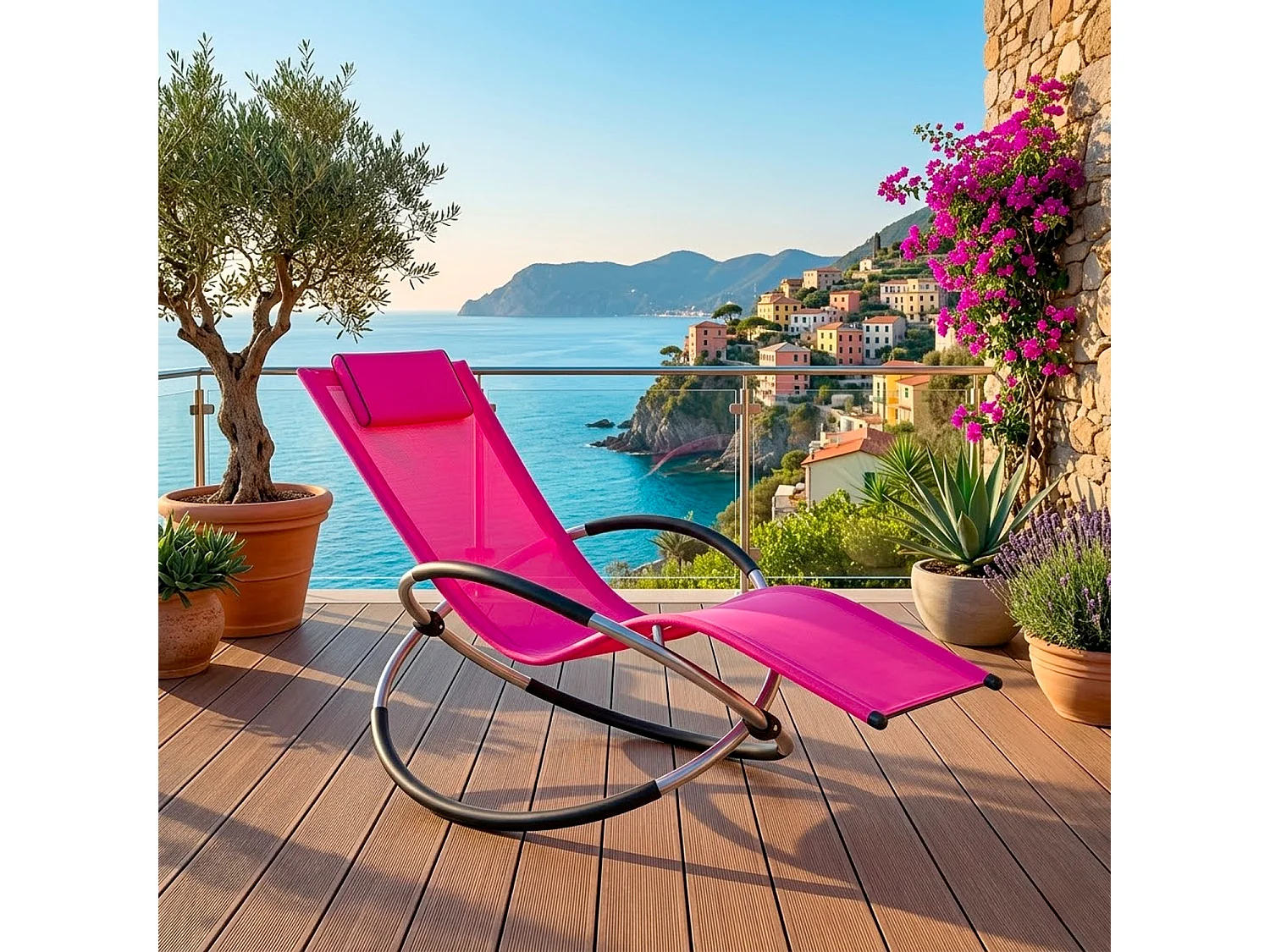 Sedia Basculante Da Giardino Sdraio A Dondolo Con Poggiatesta Removibile Telaio In Metallo Seduta Ergonomica In Textilene Relax Piscina 73 x 150 x 93 Cm Fuxia