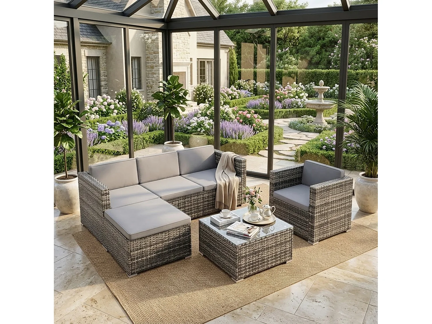 Set Da Terrazza Componibile In Polyrattan Con Cuscini E Tavolino Disposizione Variabile Per 4/5 Persone Perfetto Per Patio Outdoor Grigio