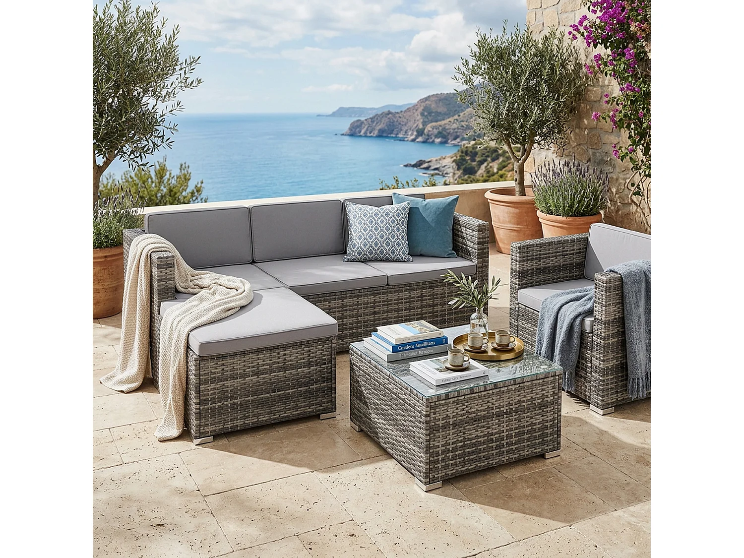 Set Da Terrazza Componibile In Polyrattan Con Cuscini E Tavolino Disposizione Variabile Per 4/5 Persone Perfetto Per Patio Outdoor Grigio