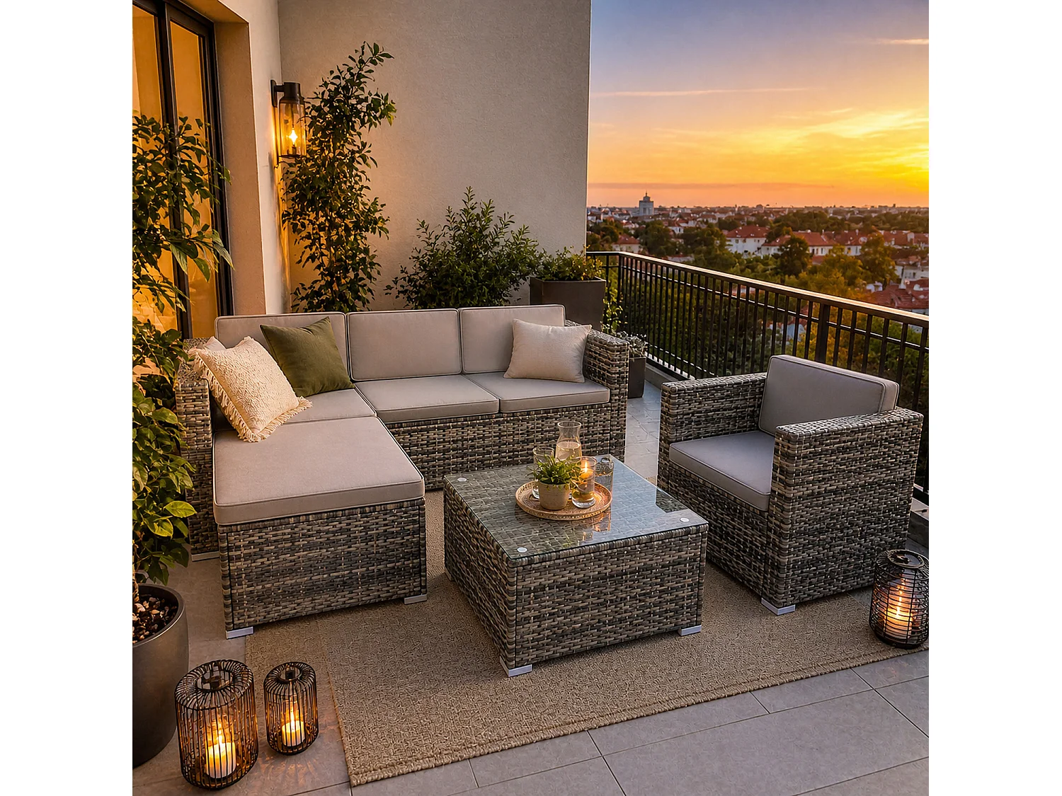 Set Da Terrazza Componibile In Polyrattan Con Cuscini E Tavolino Disposizione Variabile Per 4/5 Persone Perfetto Per Patio Outdoor Grigio