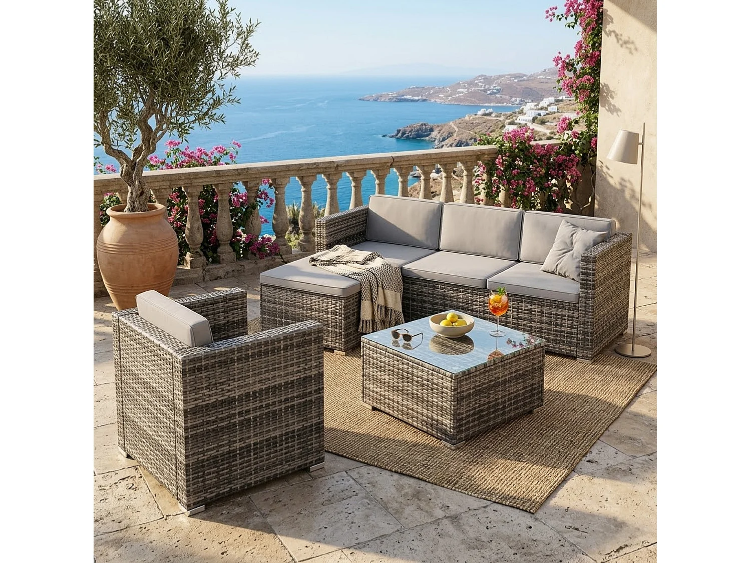 Set Da Terrazza Componibile In Polyrattan Con Cuscini E Tavolino Disposizione Variabile Per 4/5 Persone Perfetto Per Patio Outdoor Grigio