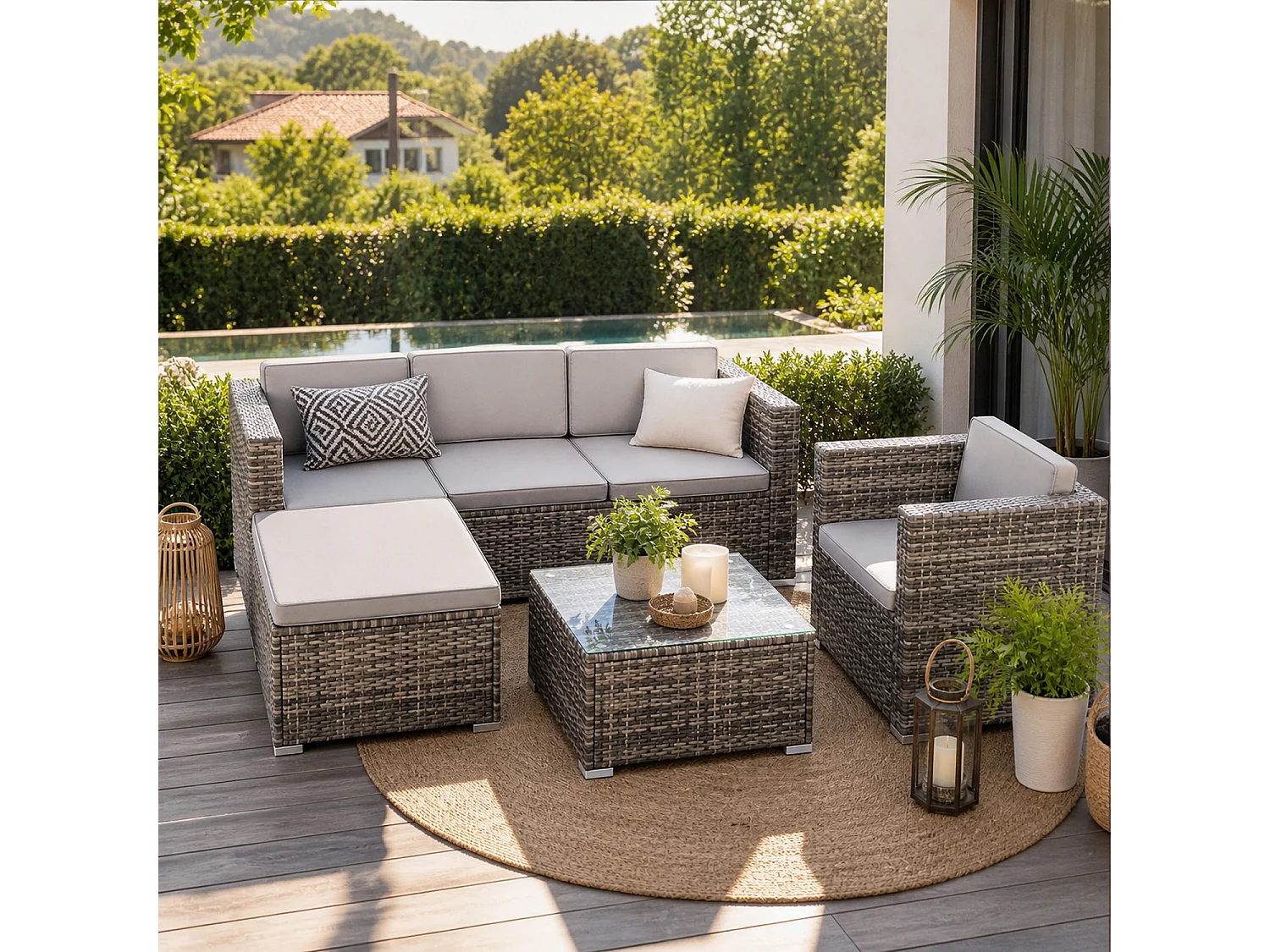 Set Da Terrazza Componibile In Polyrattan Con Cuscini E Tavolino Disposizione Variabile Per 4/5 Persone Perfetto Per Patio Outdoor Grigio