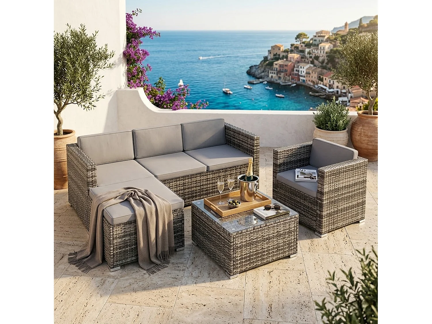 Set Da Terrazza Componibile In Polyrattan Con Cuscini E Tavolino Disposizione Variabile Per 4/5 Persone Perfetto Per Patio Outdoor Grigio