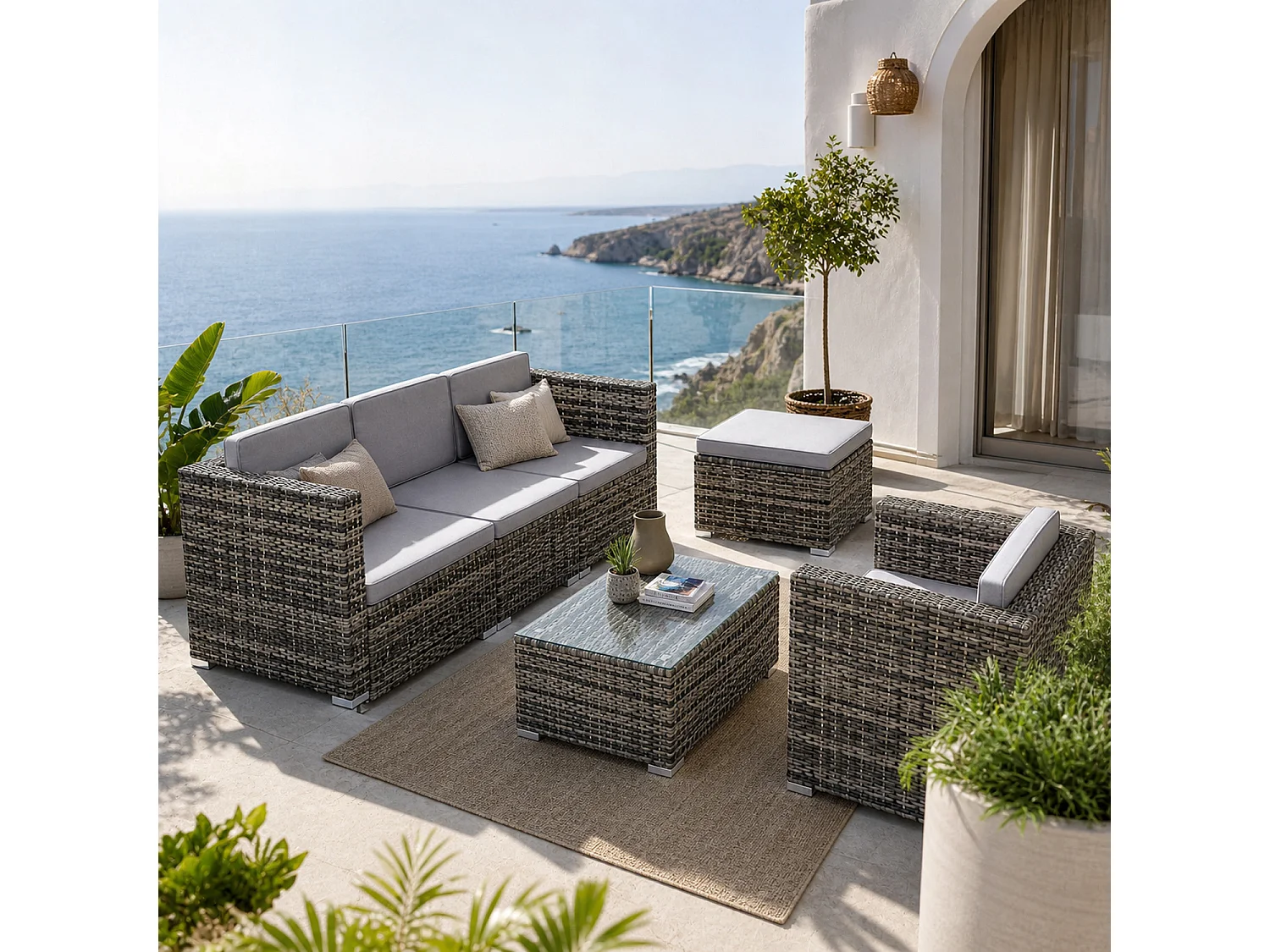 Set Da Terrazza Componibile In Polyrattan Con Cuscini E Tavolino Disposizione Variabile Per 4/5 Persone Perfetto Per Patio Outdoor Grigio