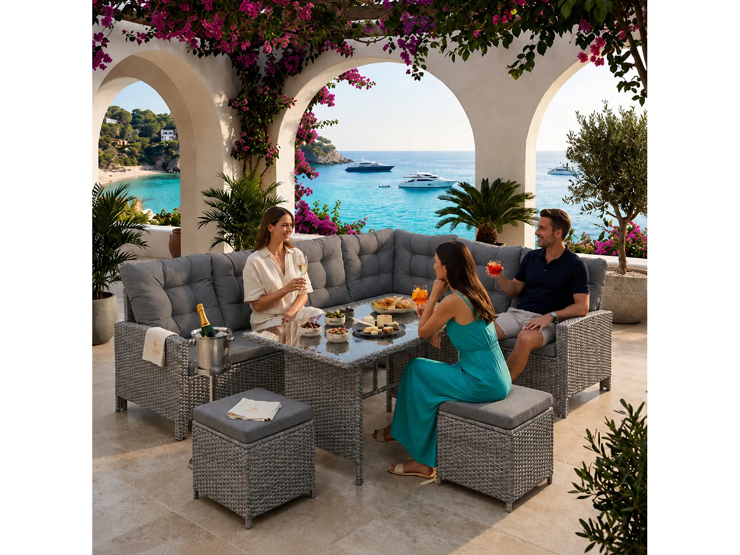 Set Conversazione Angolare In Polyrattan Con Tavolino A Doppio Piano In Vetro Due Pouf E Cuscini Comfort Per Terrazza Veranda Balcone Area Piscina Grigio