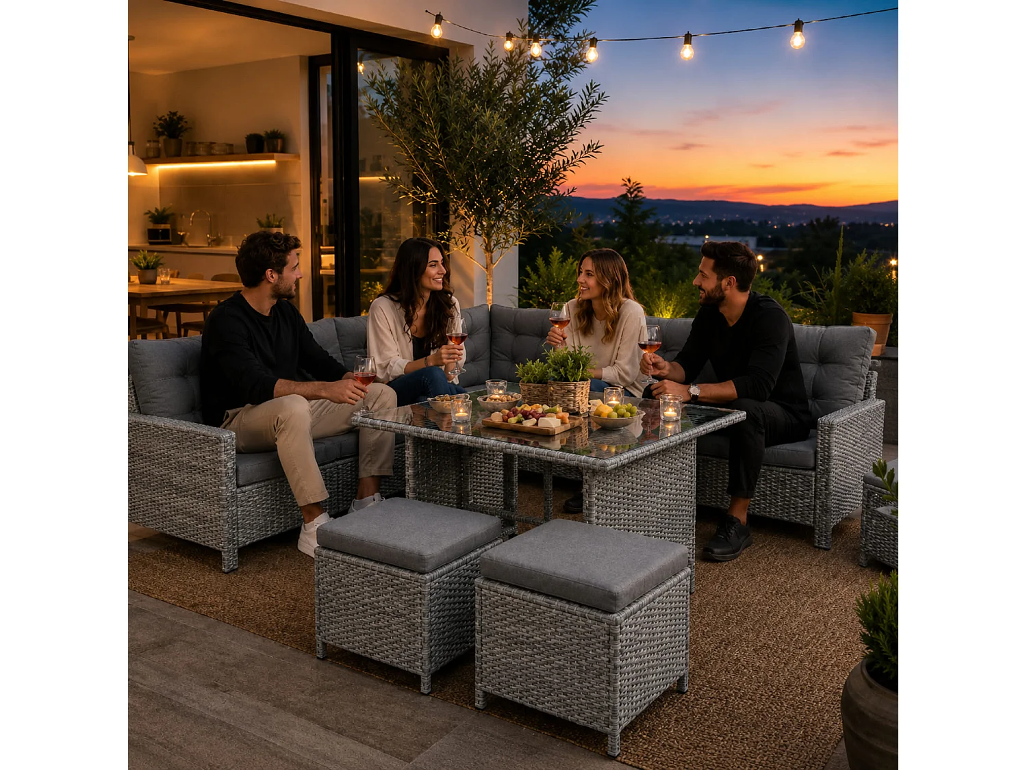 Set Conversazione Angolare In Polyrattan Con Tavolino A Doppio Piano In Vetro Due Pouf E Cuscini Comfort Per Terrazza Veranda Balcone Area Piscina Grigio