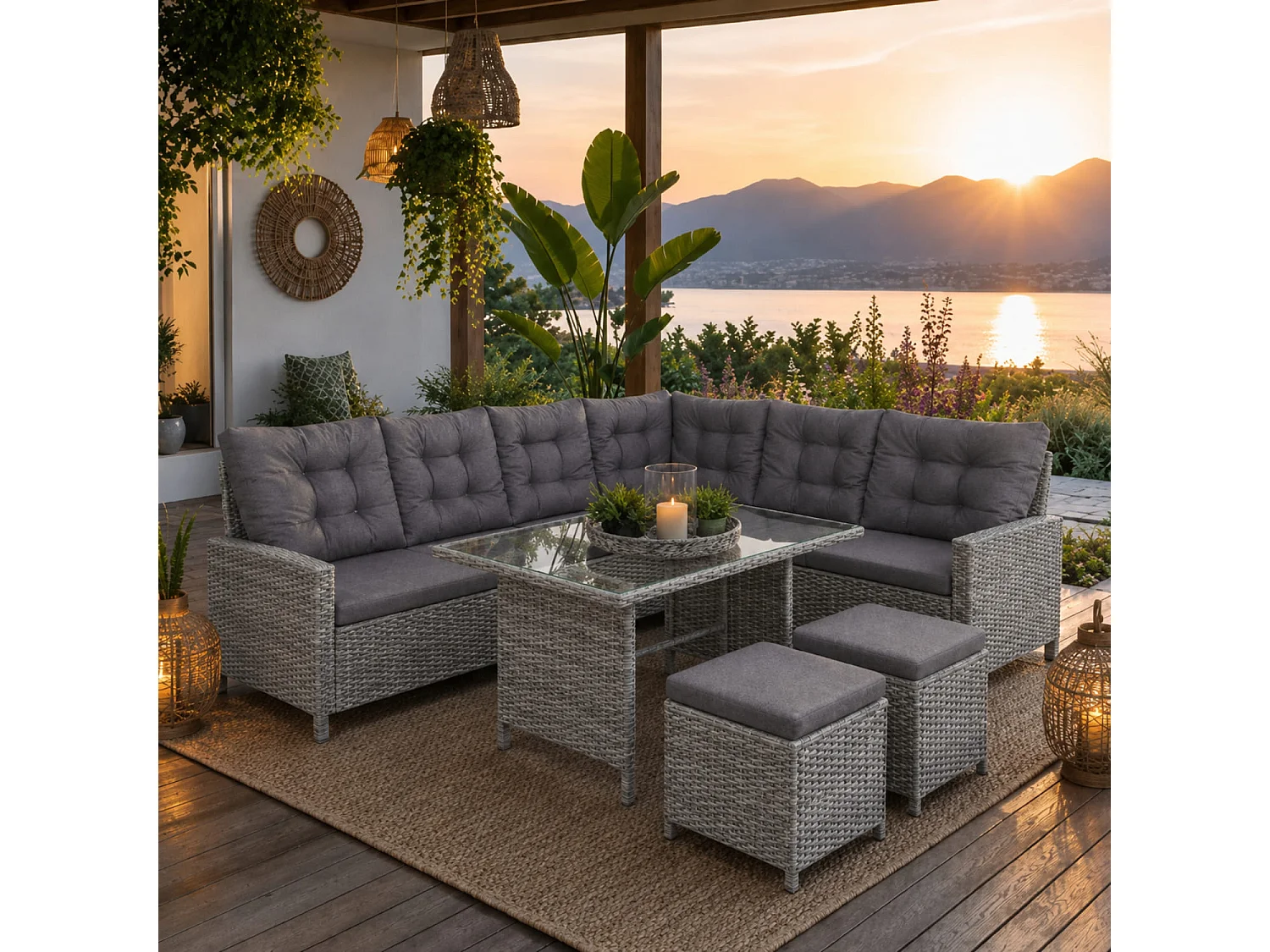 Set Conversazione Angolare In Polyrattan Con Tavolino A Doppio Piano In Vetro Due Pouf E Cuscini Comfort Per Terrazza Veranda Balcone Area Piscina Grigio