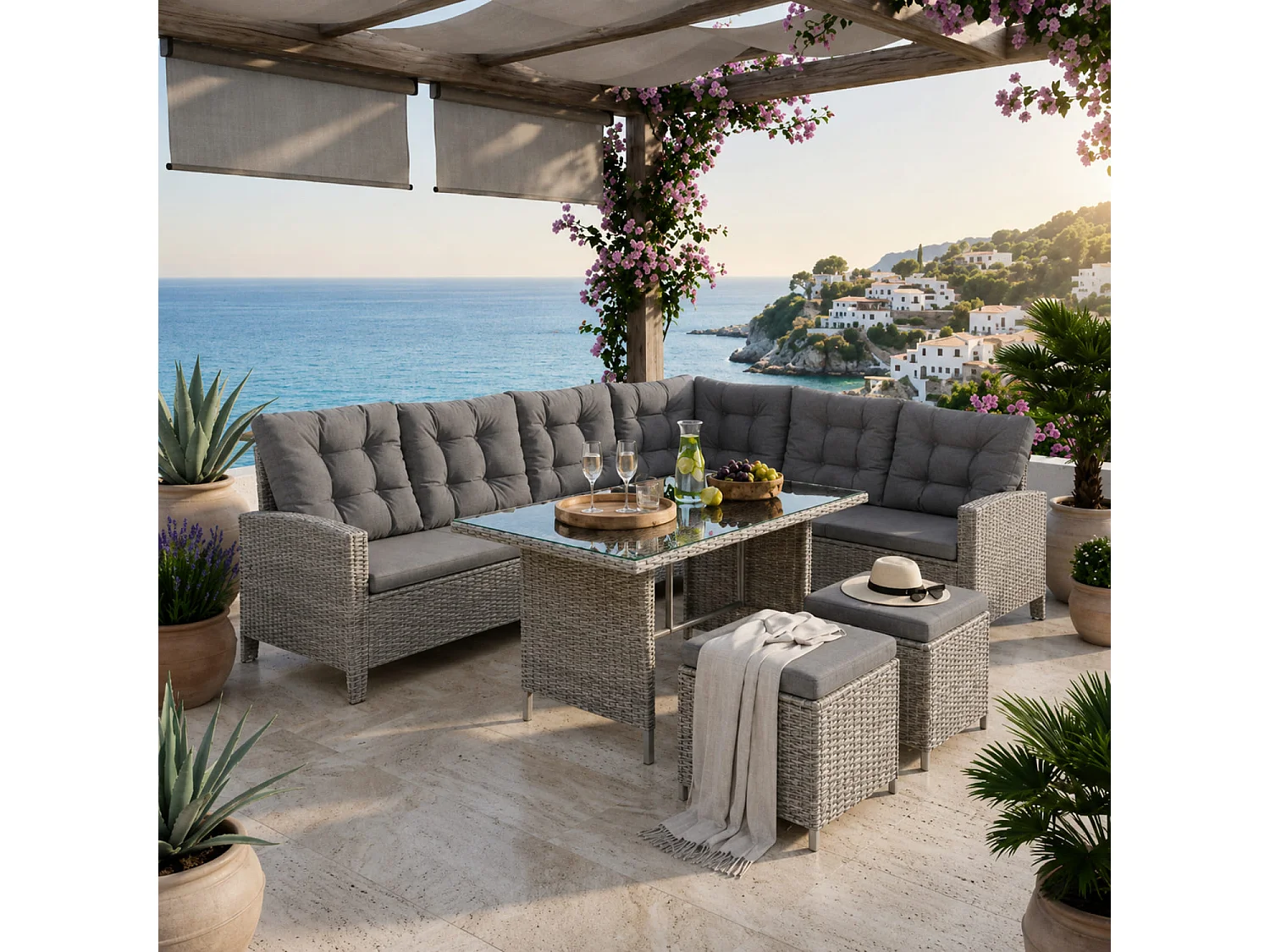 Set Conversazione Angolare In Polyrattan Con Tavolino A Doppio Piano In Vetro Due Pouf E Cuscini Comfort Per Terrazza Veranda Balcone Area Piscina Grigio
