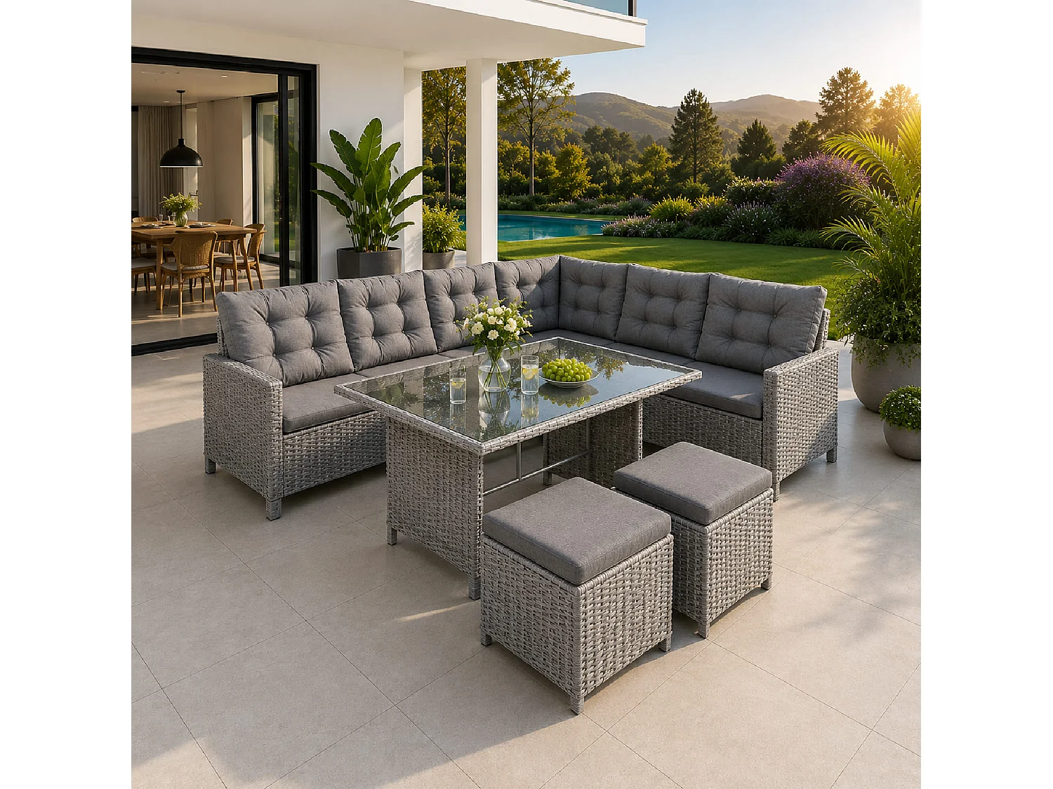 Set Conversazione Angolare In Polyrattan Con Tavolino A Doppio Piano In Vetro Due Pouf E Cuscini Comfort Per Terrazza Veranda Balcone Area Piscina Grigio