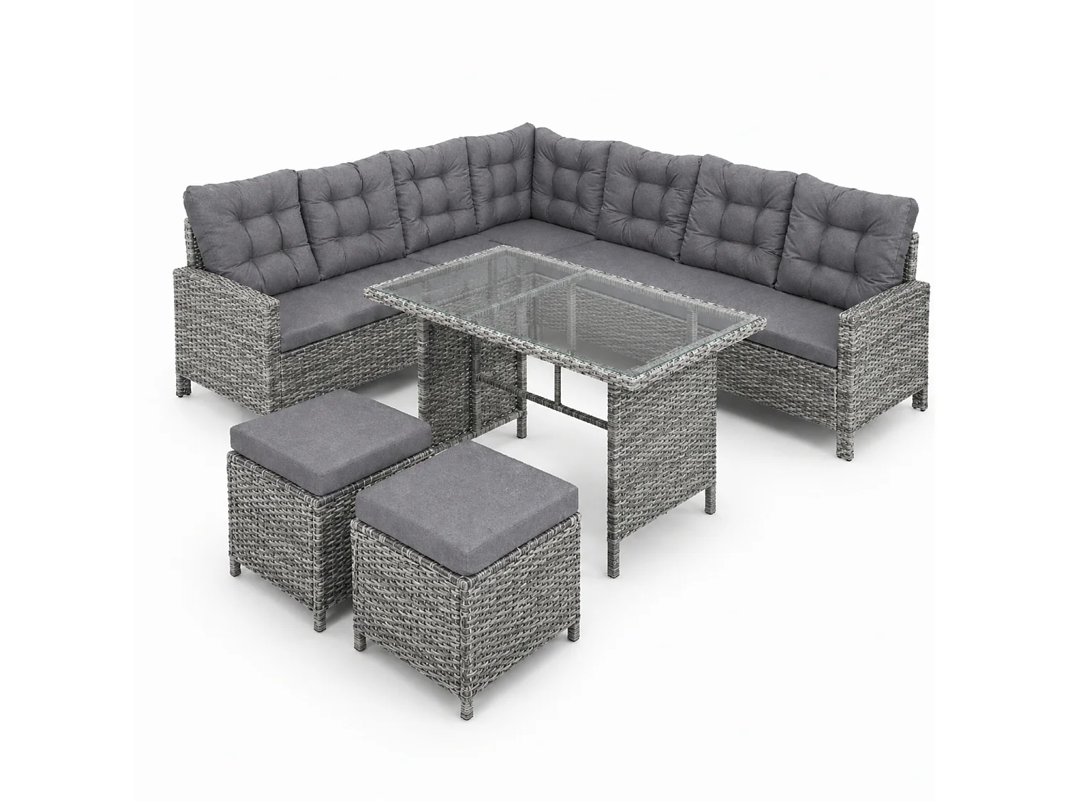 Set Conversazione Angolare In Polyrattan Con Tavolino A Doppio Piano In Vetro Due Pouf E Cuscini Comfort Per Terrazza Veranda Balcone Area Piscina Grigio
