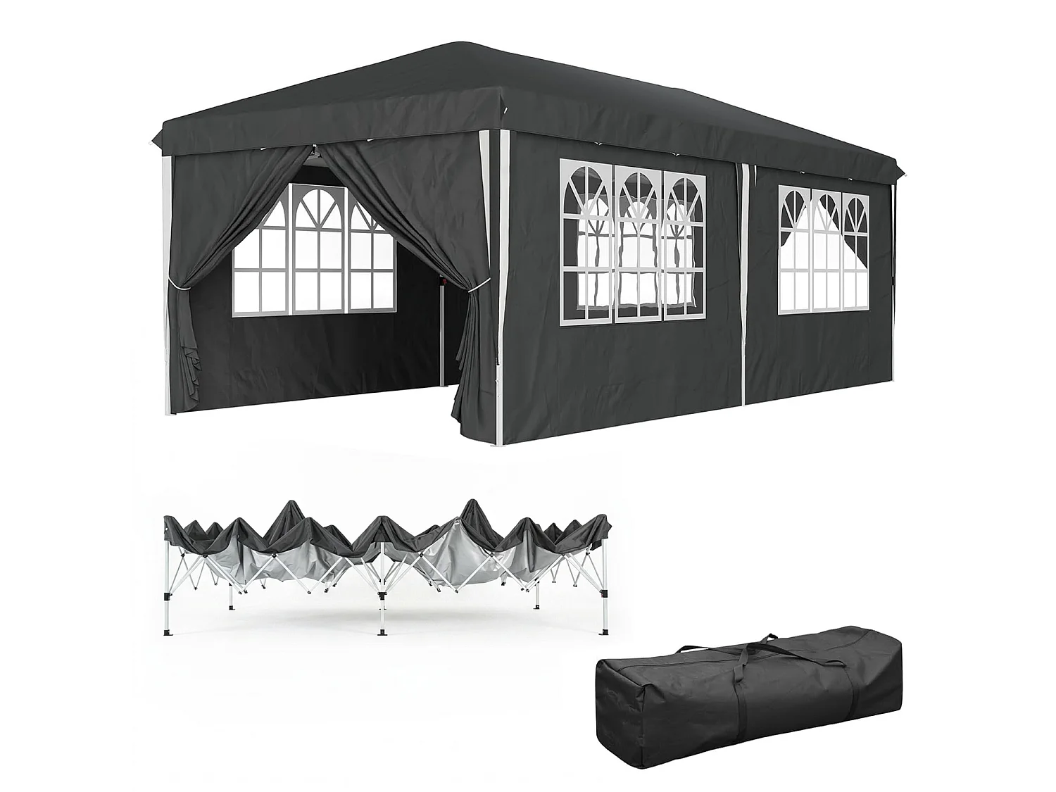 Gazebo Professionale Impermeabile Con Struttura In Metallo Pareti Laterali Porte E Finestre Removibili Altezza Regolabile Per Eventi All Aperto Nero 3x6 Metri