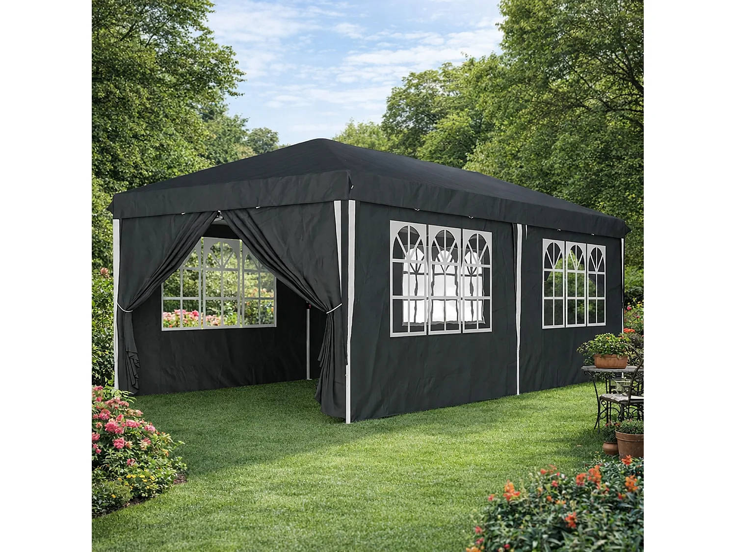 Gazebo Professionale Impermeabile Con Struttura In Metallo Pareti Laterali Porte E Finestre Removibili Altezza Regolabile Per Eventi All Aperto Nero 3x6 Metri